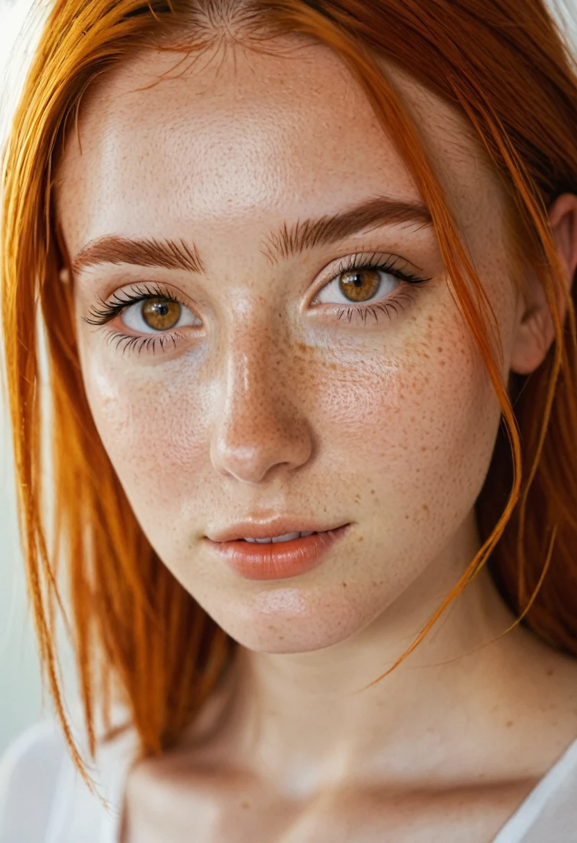 a 20 year old girl with brown eyes, orange hair and freckles on her skin, professional color grading, soft shadows, no contrast, clean sharp focus, film photography –q 2 –s 750 –v 5