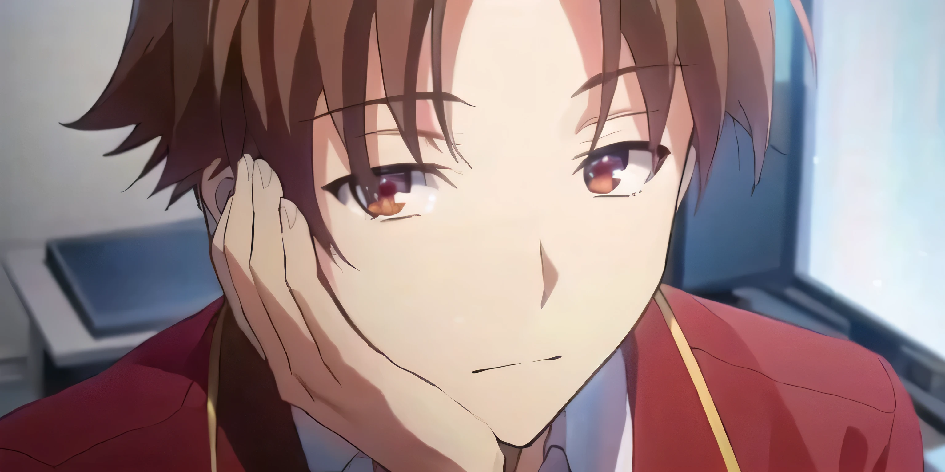 imagem de anime de um homem com cabelos castanhos e olhos roxos, close de outro iwakura, also, com enormes olhos luminosos e tristes, giga chad chorando, ainda do anime, ( ( ( yoshinari yoh ) ) ), close de outro iwakura, Anime em destaque de hoje ainda, your eyes are bleeding heavily, ainda do anime de TV