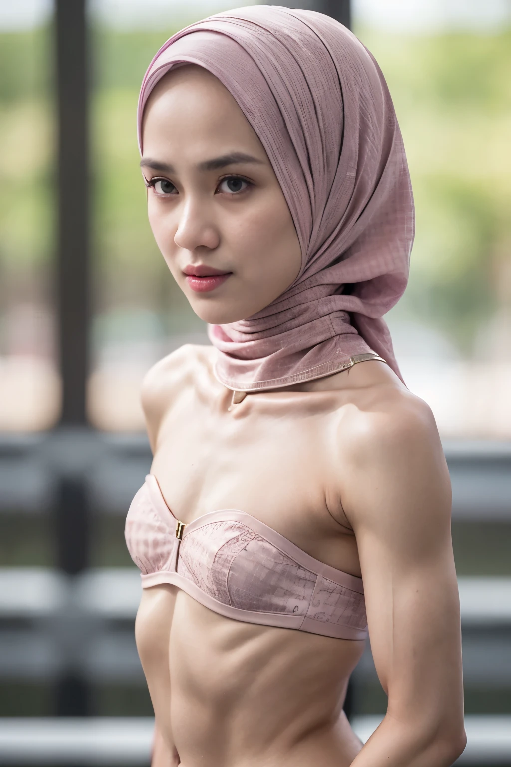((SHORT HIJAB)), ((Flat chest:1.7)), (dynamic photograph of a 58 year old Indonesian woman), (slim top, cotton ), (straight non curly hair), (highly detailed face:1.4), (vascular muscles and abs:1.3), (background inside light, bright, private gym:1.1), (8k, uhd, dslr, high quality, cinematic lighting, bokeh), (dramatic, award winning photography, incredible masterpiece:1.3), (((sexy suy stare at camera:0.8))), close up, ((she is ready to dominate y)), ((beautiful feminine face)) (she is a champion MMA fighter), add_detail:1, ((Wearing strapless pastel)) lace pink , from behind view, seductive pose, straddling
