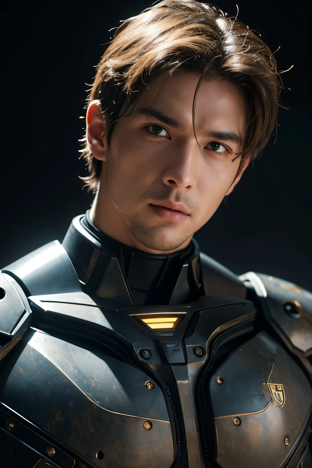 Realistic, masutepiece, Best Quality, Cinematic, Dynamic lighting, soft shadow, Highest detail, Professional Photography, Detailed background, depth of fields, Insane details, Convoluted, Aesthetic, Detailed face, Subsurface scattering, Realistic hair, Realistic eyes, 1boy, muscular, manly, (large pectoral muscles:1), pectoral muscles, Abs, Portrait photo of handsome man in a worn mech suit, Rusted metal, Sharp Focus, Photo by Mark Henderson, Soft lighting, Vibrant colors, Looking at Viewer, Robotic eyes,
