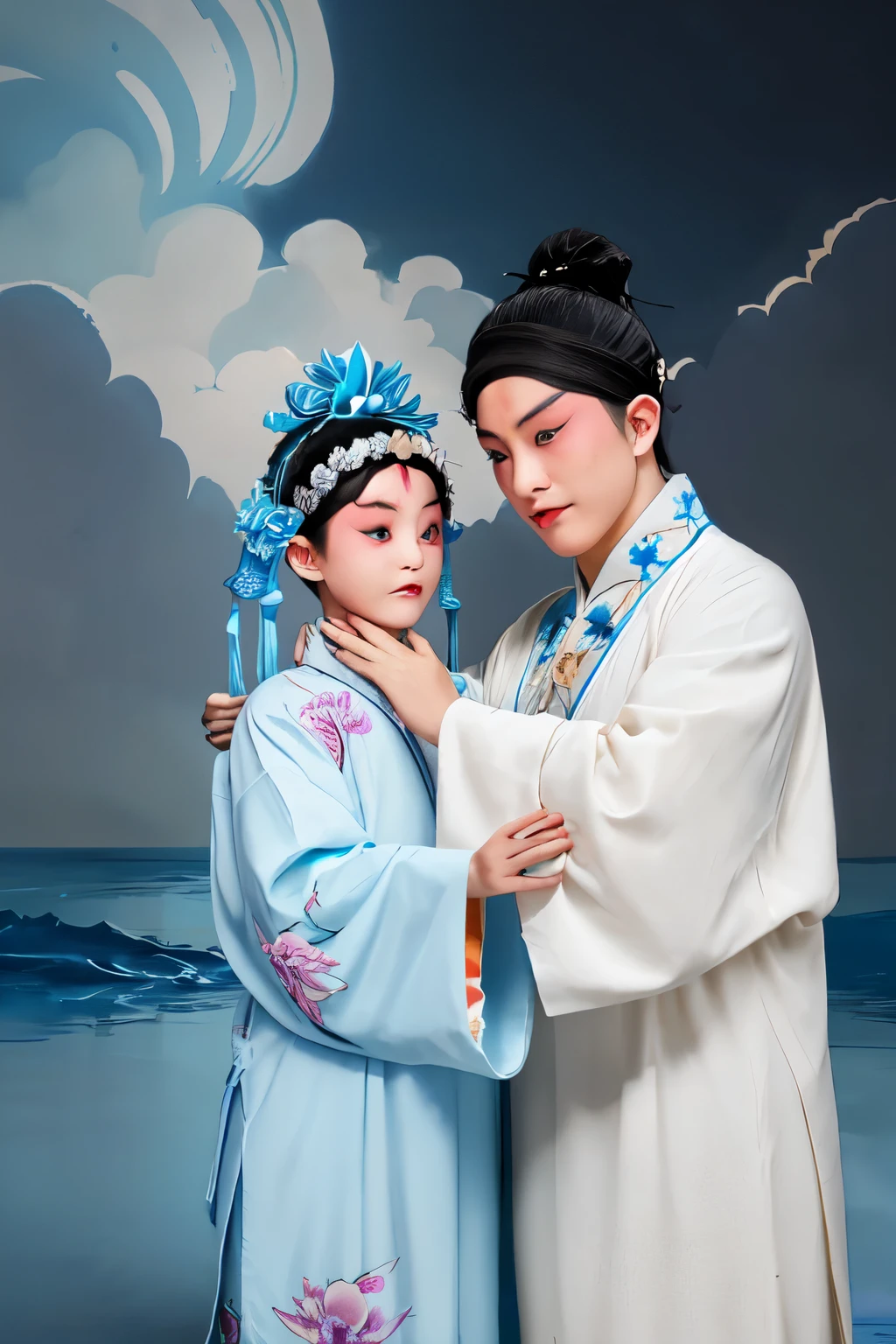 This heartwarming number depicts a Chinese father and his children seeking comfort under a bright blue umbrella during a storm（Embrace）。 Both figures are dressed in calming shades of blue，Increased sense of solidarity and protection。 On top of their heads，A brilliant rainbow breaks through the stormy clouds，A symbol of hope and perseverance。 A dove of peace flies gracefully across the sky，Bringing a sense of tranquility and peace to the scene。 Blue tone image，Plus a symbol of hope and peace，Create a soothing and reassuring atmosphere during this touching moment of motherly love and comfort。 Adding Flowers to the Ground。