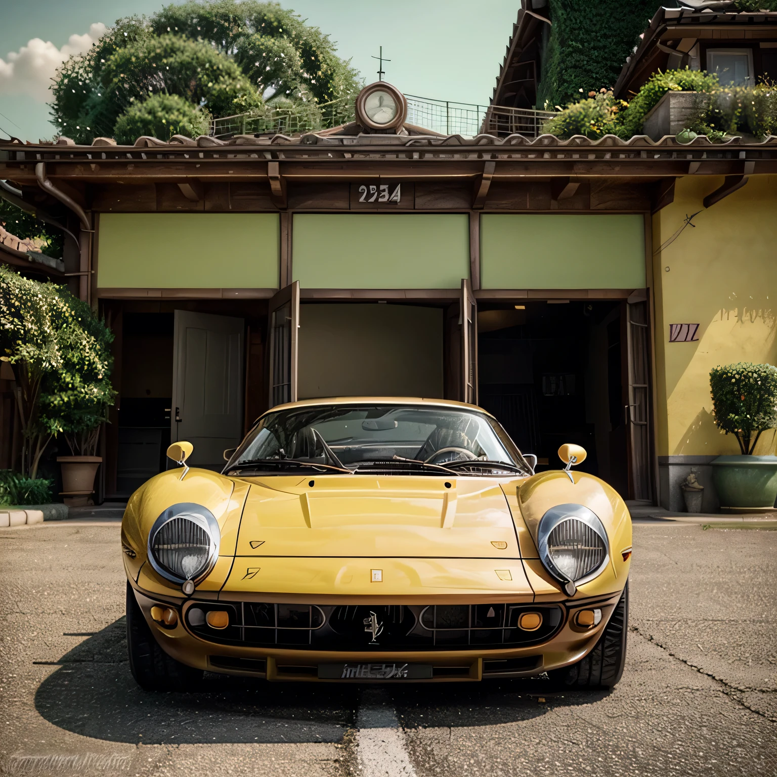 /imagine prompt: Ferrari Dino coupe 2 doors, 1963, yellow color, fhotorrealism,(((Ghibli style))), Spirited Away, Howl's Moving Castle, dreamy colour palette,