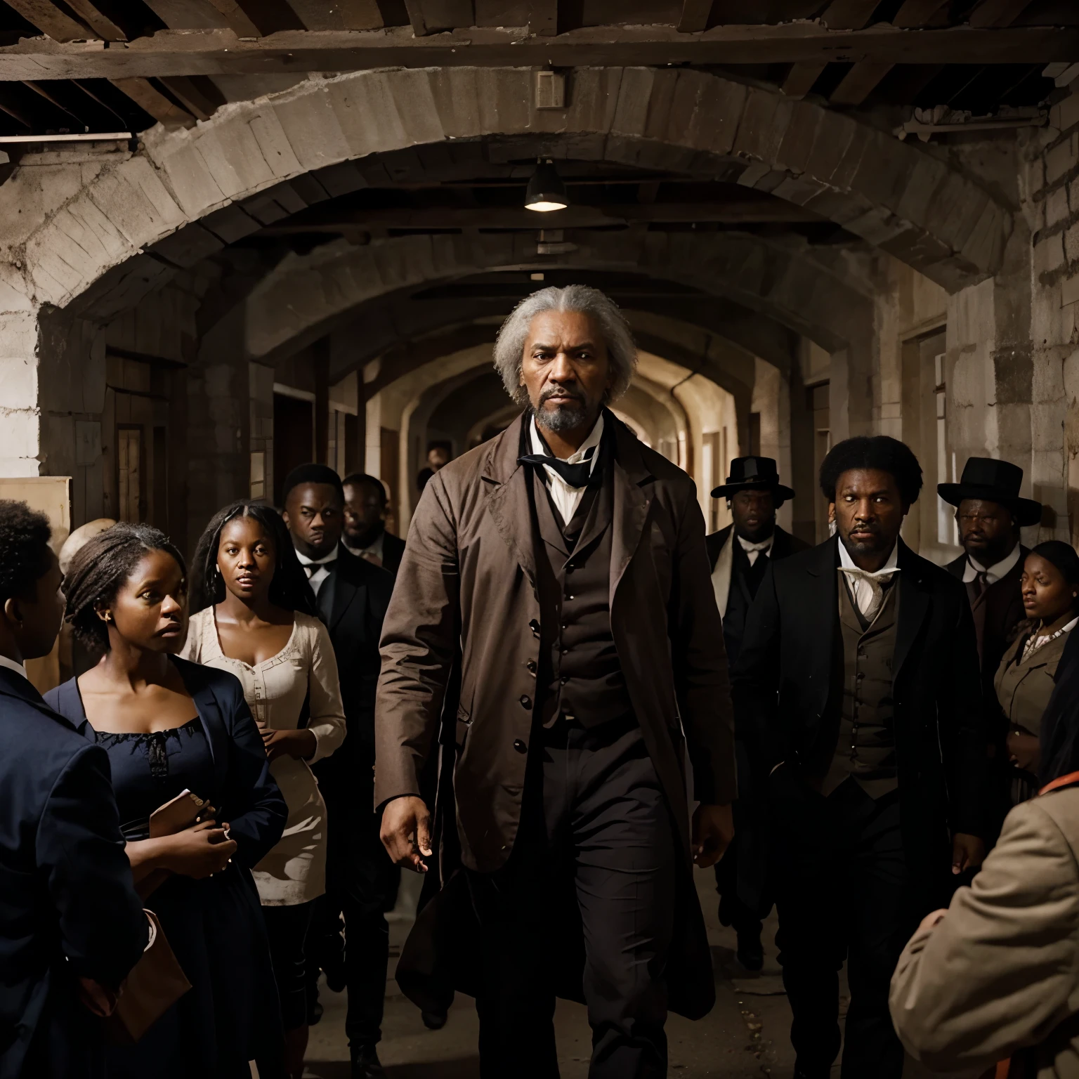 Una imagen de Frederick Douglass, abolitionist leader; una escena de esclavitud para representar el problema social; an image of the Underground Railroad Station as a solution.