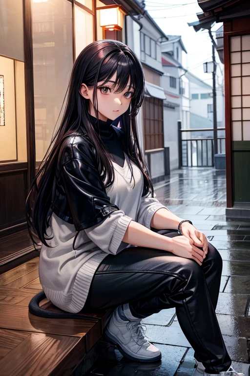Japanese boy in his 20s with black hair, con apariencia ruda, muy guapo, with gray eyes wearing a loose white knitted sweater crouched in front of some stairs in the wet streets of Japan petting a cat and on his right side a pretty Korean girl with very long red hair, lacio, with brown eyes wearing a black leather jacket, with a romantic and cold atmosphere