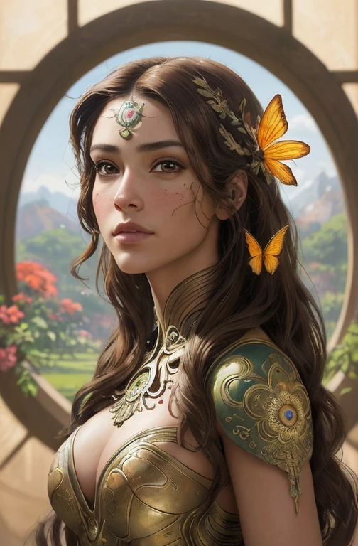 8K portrait of a beautiful cyborg with brown hair, intrincado, elegant, Muy detallado, majestuoso, digital photography, arte de artgerm y ruan jia y greg rutkowski pintura surrealista filigrana de mariposa dorada, vidrio roto, (Obra maestra, side lighting, Hermosos ojos finamente detallados: 1.2), hdr, (Detailed background window to a new dimension, plantas y flores:0.7) infinidad, infinity symbol,