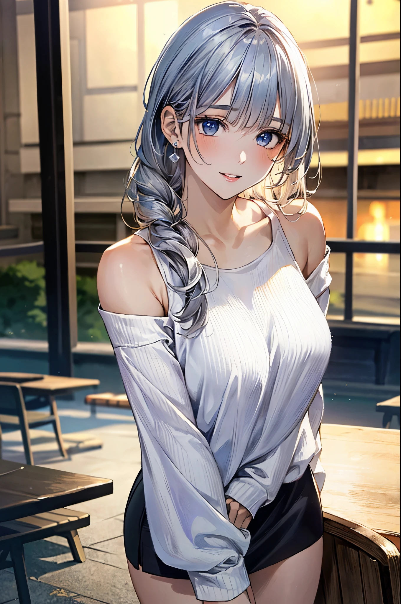 (masterpiece:1.3, top-quality, ultra high res, ultra detailed), (realistic, photorealistic:1.4), beautiful illustration, perfect lighting, natural lighting, colorful, depth of fields, surrealism,
beautiful detailed hair, beautiful detailed face, beautiful detailed eyes, beautiful clavicle, beautiful body, beautiful chest, beautiful thigh, beautiful legs, beautiful fingers, shiny skin,
looking at viewer, 1 girl, japanese, office lady, 19 years old, (perfect anatomy, anatomically correct, super detailed skin), cute and symmetrical face, face, perfect face, perfect eyes,
(long hair:1.8, straight hair, silver hair), blunt bangs, twin braided bangs, blue eyes, drooping eyes, long eye lasher, (medium breasts, seductive thighs), slender,
((long sleeve cold-shoulder white sweater), light purple tight skirt),
(beautiful scenery), summer, night, (tavern, cooking on the table), (lovely smile, upper eyes, parted lips),