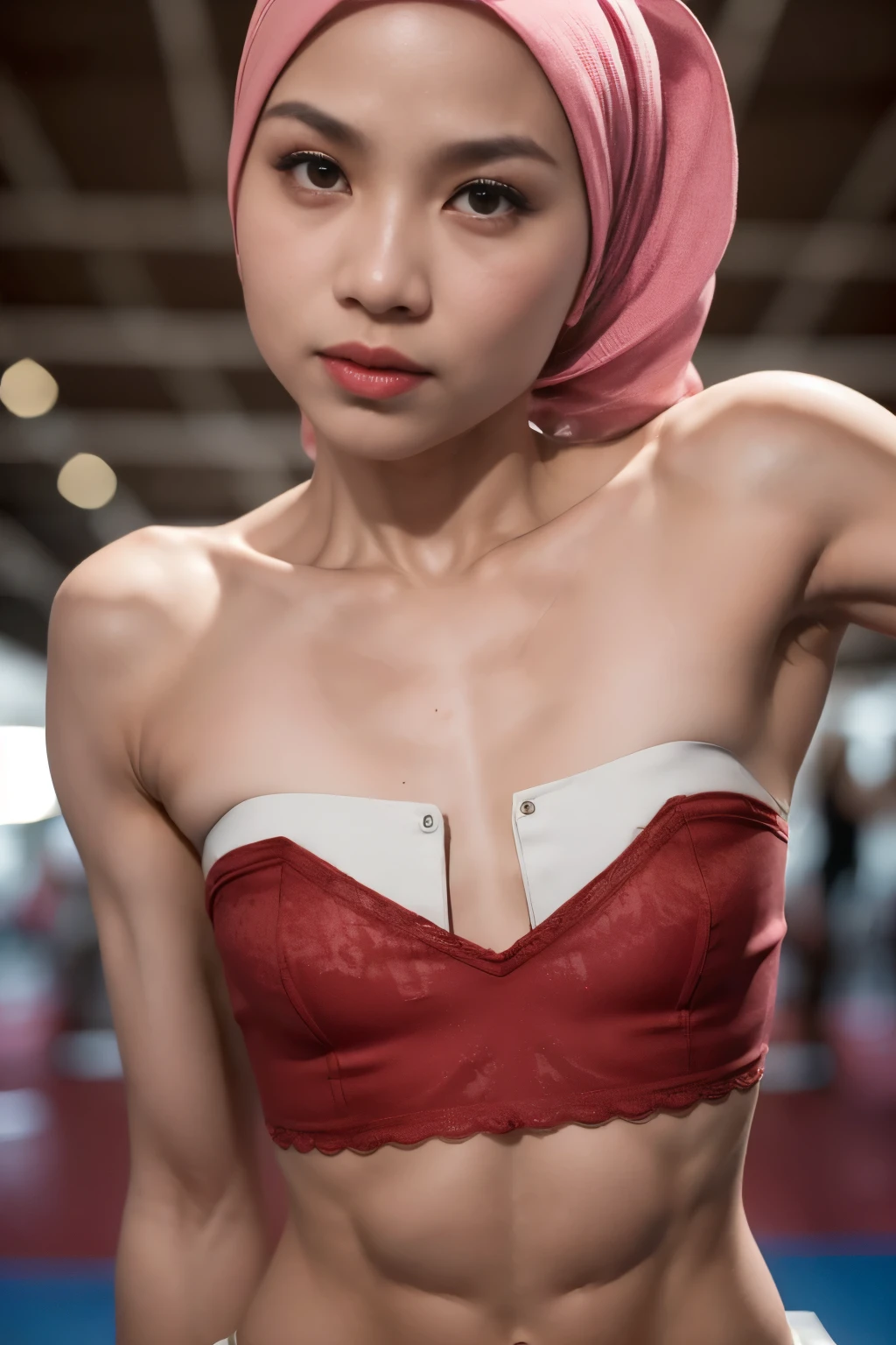 ((SHORT HIJAB)), ((Flat chest:1.7)), (dynamic photograph of a 58 year old Indonesian woman), (slim top, cotton panties), (straight non curly hair), (highly detailed face:1.4), (vascular muscles and abs:1.3), (background inside light, bright, private gym:1.1), (8k, uhd, dslr, high quality, cinematic lighting, bokeh), (dramatic, award winning photography, incredible masterpiece:1.3), (((sexy sultry stare at camera:0.8))), close up, ((she is ready to dominate you:0.5)), ((beautiful feminine face)) (she is a champion MMA fighter), add_detail:1, ((Wearing strapless pastel)) lace red , from behind view, seductive pose, straddling 