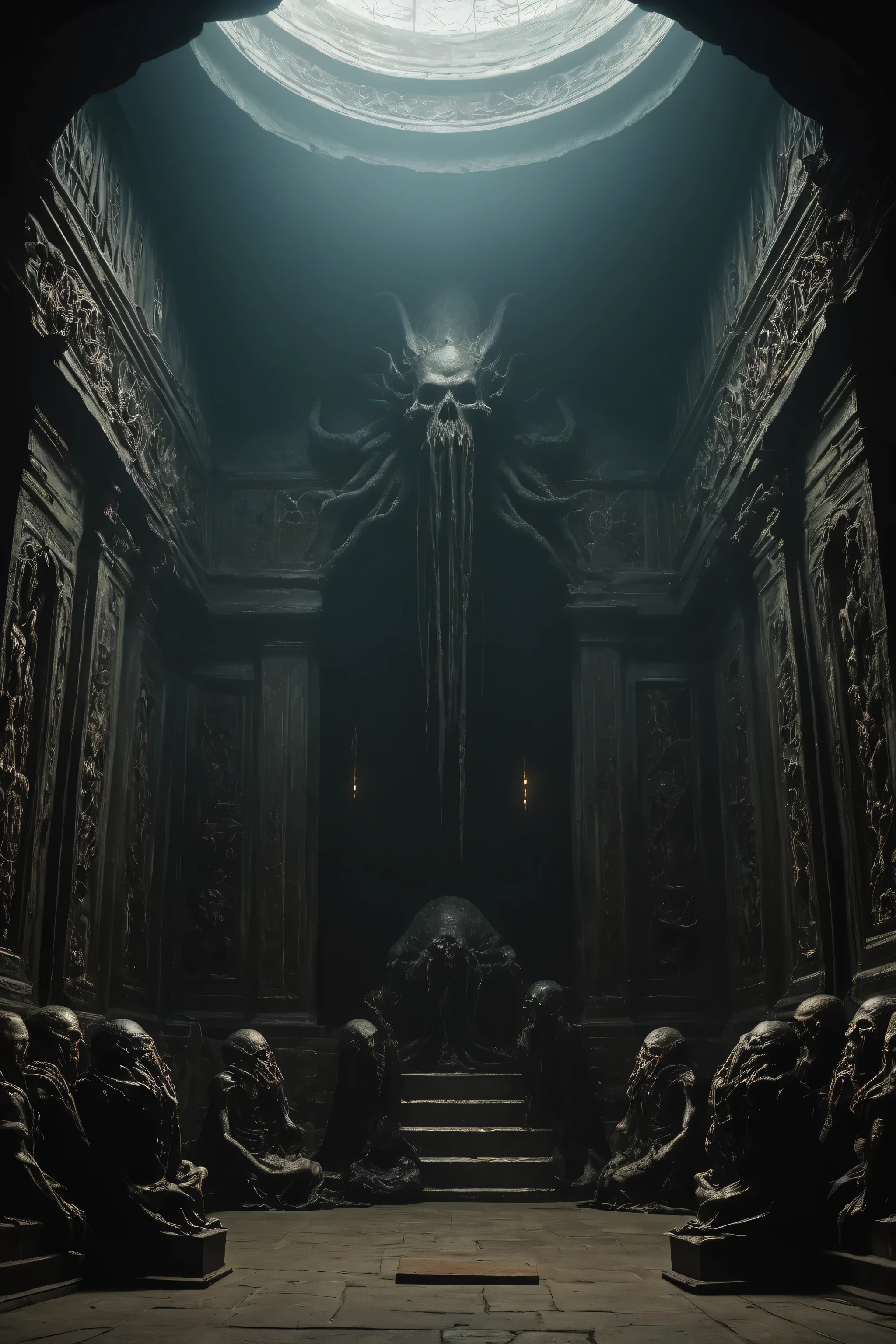 cthulhu chamber, creepy, masterpiece, best quality, hyper detailed, ultra detailed, UHD, perfect anatomy, portrait, dof, hyper-realism, majestic, awesome, inspiring, sinister Dark, cinematic, deep blacks, Perfect Hands, cinematic composition, soft shadows, national geographic style, creepy, ominous, wide shot, long shot, far away, dynamic pose,