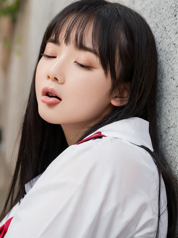(Professional portrait、Professional Writing)、highest quality, (Anatomically correct arms:1.3), Detailed workmanship、High resolution、(8k, High resolution:1.2)、(RAW Photos, Realistic:1.3)、masterpiece、Slim figure、High resolutionの顔、The face is in focus、High resolutionの目、(Concentrated, Symmetrical pupils:1.2)、High quality and beautiful skin、Firm Skin、Natural Makeup、Gloss lips, High-definition hair texture、 Japanese 、((()))、classroom、(Sailor suit:1.3), (Sleep on your back:1.3), very cute, (Very embarrassed:1.2), (blush:1.5), (I am afraid:1.3), (closed eye:1.5)、(Shooting from the sky:1.2), (open mouth:1.5), (Sad face:1.5),(tongue out:1.7)