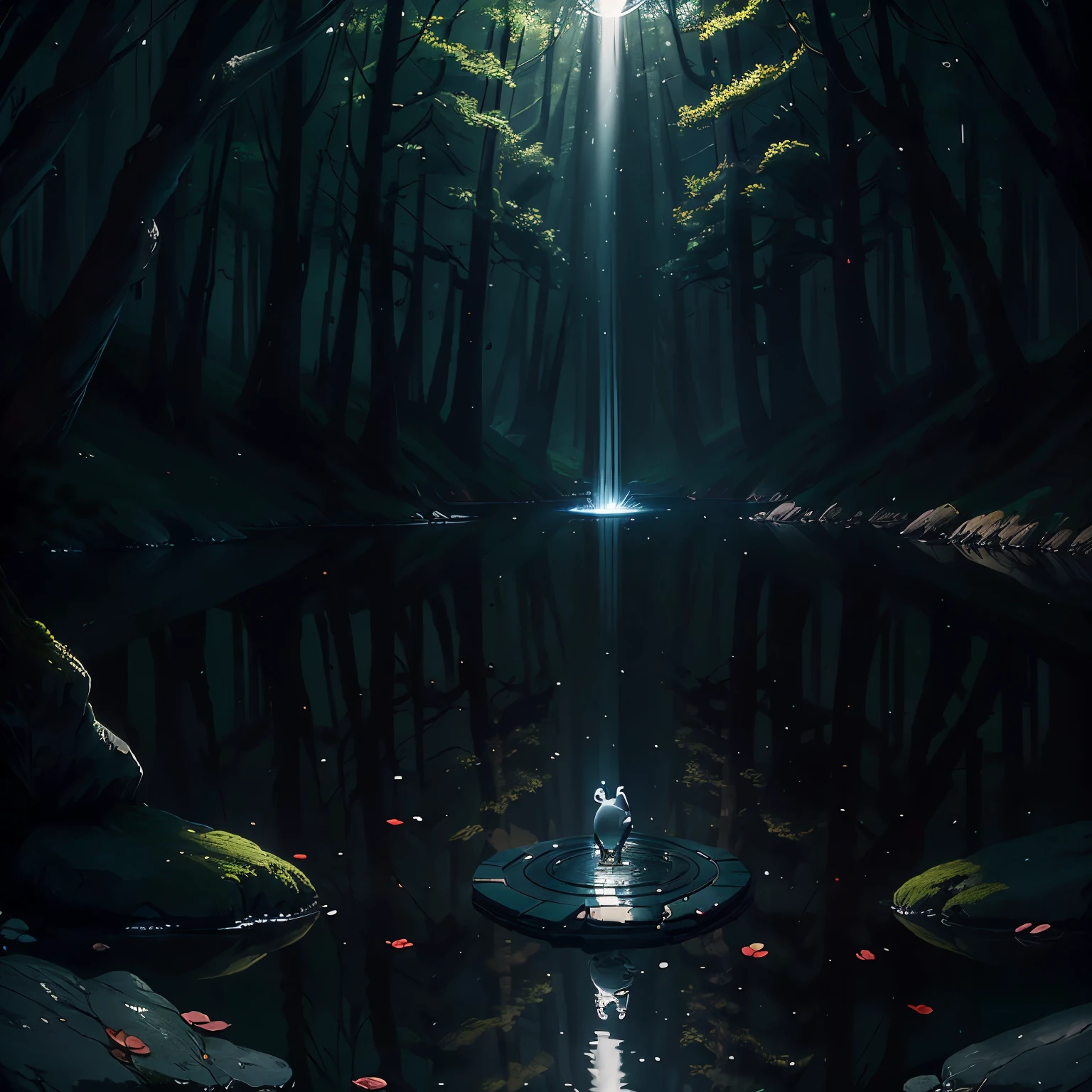 Picture a serene landscape where the opposing forces of Yin and Yang come to life. The scene unfolds with a backdrop of a dark forest, the trees reaching out towards the sky as if in an eternal embrace. The canopy forms an intricate design, allowing soft beams of light to filter through, casting intricate shadows on the forest floor. The light rays dance around, creating an ethereal play of contrasts.
At the heart of this scene, a tranquil pond reflects the surrounding beauty. Yin energy embodies the placid waters, while Yang energy is portrayed in a single rock, jutting out from the water's edge. The rock is illuminated by