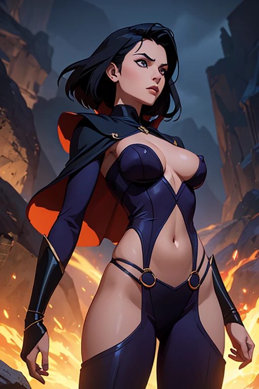 Masterpiece, digital artwork, A gorgeous witch woman, sidecut hair, small breasts, flat chest, skimpy outfit , navel,highly detailed, dynamic volumetric lighting, erect nipples,