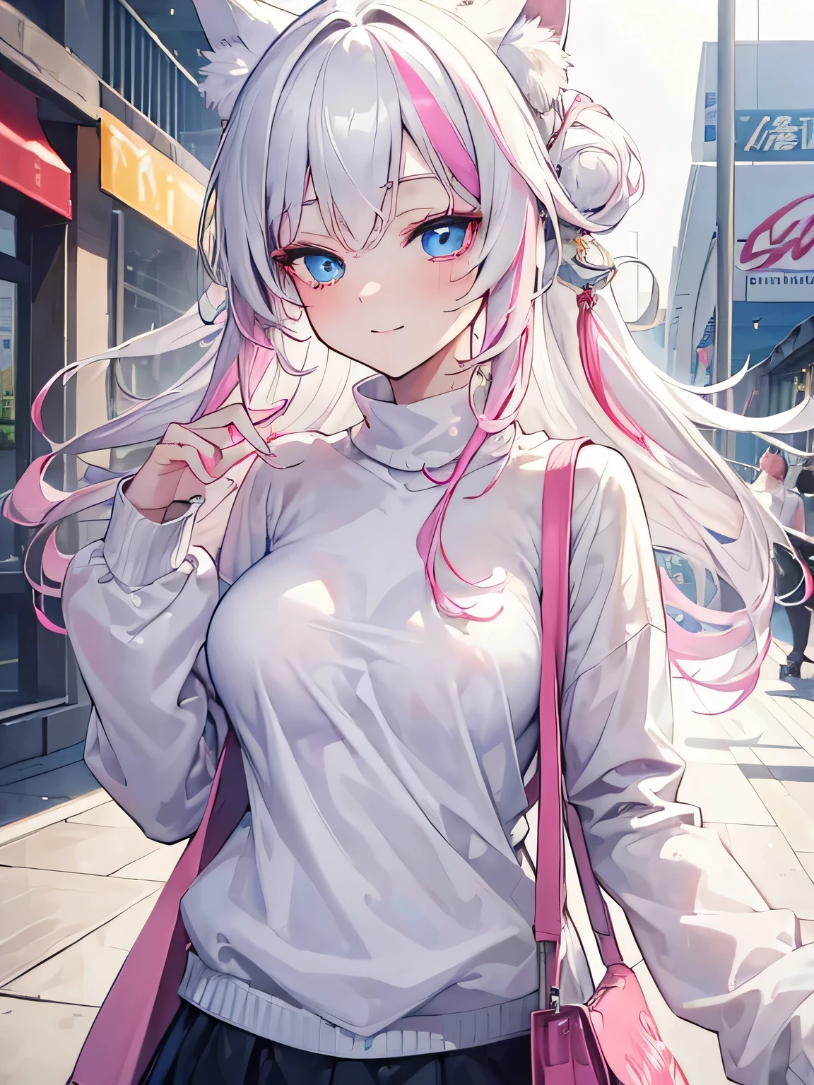 (masterpiece, best quality:1.4), 8k, White hair fox Girl Mature medium chest Smirking teasing laughing Happy Loud Outgoing anime girl with pink Highlights and Blue Eyes in the Mall wearing an Oversized Sweater  (detailed eyes and face, sharp pupils, realistic pupils:0.6)