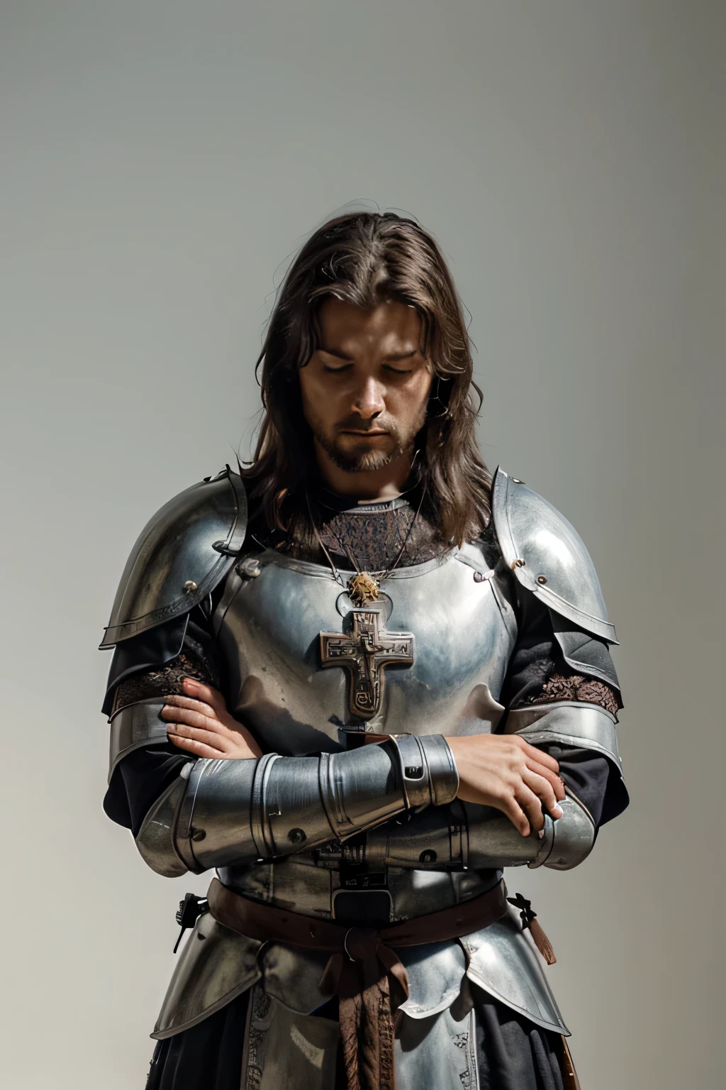 create art of a medieval knight praying to God on a white background the knight has his head bowed, esse cavaleiro usar um elmo que tampa todo o seu rosto. and this knight has his hands together praying and in his hands he has a necklace with a cross.