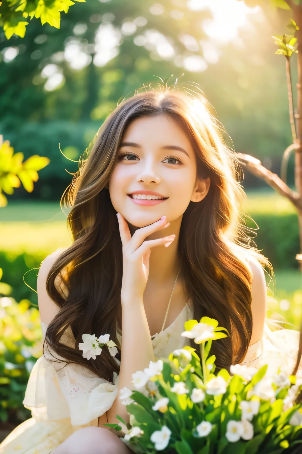 best quality,4k,8k,highres,masterpiece:1.2,vivid colors,portraits,A girl in a garden,beautiful detailed eyes,beautiful detailed lips,extremely detailed eyes and face,long eyelashes,soft and flowing hair,natural and glowing skin,lovely smile,fluttering summer dress,freshly bloomed flowers,green grass and trees,warm sunlight,playful pose,serene atmosphere,soft color palette,subtle lighting effects