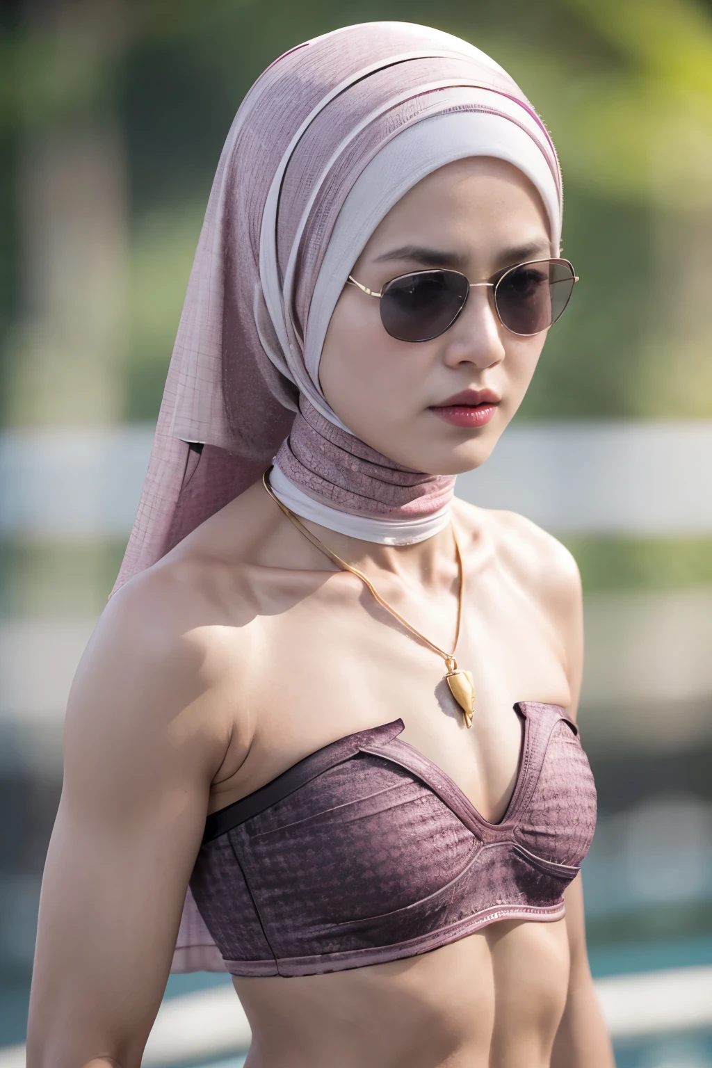 (((Sunglasses))), ((SHORT HIJAB)), ((Flat chest:1.7)), (dynamic photograph of a 58 year old Indonesian woman), (slim top, cotton panties), (straight non curly hair), (highly detailed face:1.4), (vascular muscles and abs:1.3), (background inside light, bright, private gym:1.1), (8k, uhd, dslr, high quality, cinematic lighting, bokeh), (dramatic, award winning photography, incredible masterpiece:1.3), (((sexy sultry stare at camera:0.8))), close up, ((she is ready to dominate you:0.5)), ((beautiful feminine face)) (she is a champion MMA fighter), add_detail:1, ((Wearing strapless pastel)) lace pink , from behind view, seductive pose, straddling