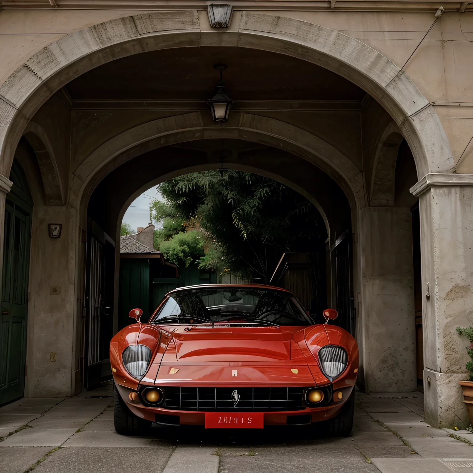 /imagine prompt: Ferrari Dino coupe 2 doors, 1968, red color, fhotorrealism,(((Ghibli style))), Spirited Away, Howl's Moving Castle, dreamy colour palette,