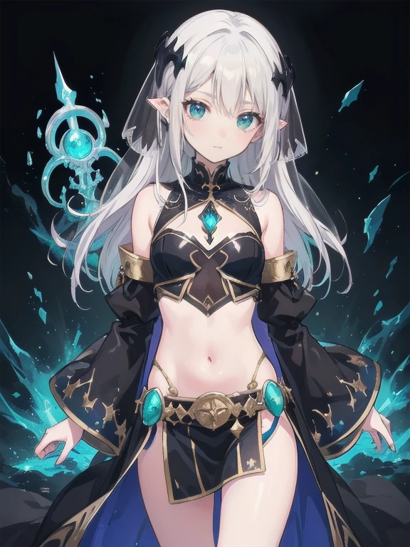 masterpiece, best quality, detailed eyes, black background, 
1 anime girl, (cowboy_shot view), thighs, 
white hair, aqua eyes, 
body, very small frame, small breasts, 
shiny skin, oily skin, reflective skin, 
[standing straight], 
(necromancer attire:1.4), (high fantasy theme:1.2), (jrpg:1.5), RPG, 
(breast curtains), harem veils, see-throught veils, harem dancer attire, black clothes, [black veils], puffy clothes, puffy clothes, dark robe, detached sleeves, puffy sleeves, see-through, extreme lowleg, bottomless strap, (very tiny loincloth), gown,
ass visible through thighs, underbelly evidence,  
dark energy, 
