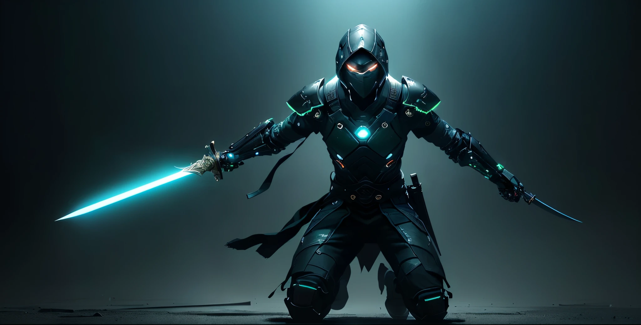 ((dark ninja cyber warrior concealed in shadows, clad in obsidian attire. In the depths of darkness, this enigmatic figure holds a translucent green blade, cutting through the black with an eerie glow. The warrior, pitch black with eyes and sword aglow in haunting green, emanates an aura of mystery and lethal precision. Craft a scene that captures the silent dance of this dark cyber ninja, where the only illumination comes from the luminous gleam of the ethereal, see-through green blade, piercing the obscurity of the night)) 6K Octane Render, Exceptional intricacy, Work of art, Ultra-detailed, Precisely crafted elements, 16K resolution, Created with Maya, Showcase on Behance Pro, Powered by Unreal Engine 6, Produced in Houdini, Cyberpunk, Forward-looking, Gaining momentum on Artstation, Grandiose, Cinematic ambiance, Intense, Futuristic sci-fi, Masterwork, Unmatched quality 
