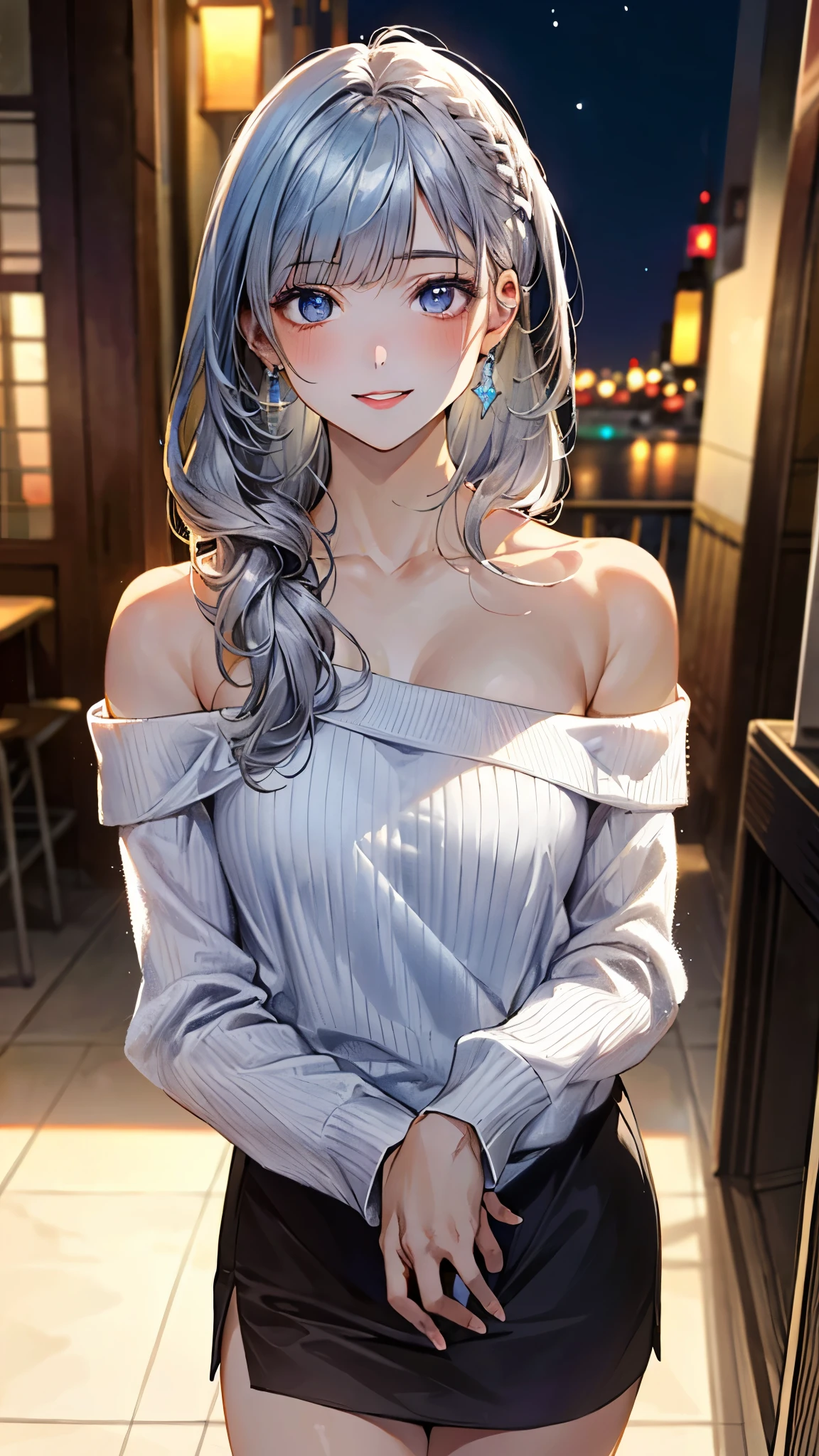 (masterpiece:1.3, top-quality, ultra high res, ultra detailed), (realistic, photorealistic:1.4), beautiful illustration, perfect lighting, natural lighting, colorful, depth of fields, surrealism,
beautiful detailed hair, beautiful detailed face, beautiful detailed eyes, beautiful clavicle, beautiful body, beautiful chest, beautiful thigh, beautiful legs, beautiful fingers, shiny skin,
looking at viewer, 1 girl, japanese, office lady, 19 years old, (perfect anatomy, anatomically correct, super detailed skin), cute and symmetrical face, babyface, perfect face, perfect eyes,
(long hair:1.8, straight hair, silver hair), blunt bangs, twin braided bangs, blue eyes, drooping eyes, long eye lasher, (medium breasts, seductive thighs), slender,
((long sleeve cold-shoulder white sweater), light purple tight skirt),
(beautiful scenery), summer, night, (bar counter), (lovely smile, upper eyes, parted lips),