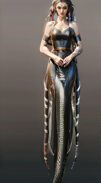 Best quality, tmasterpiece,, illuminations, Wallpapers,1 sister, Lamia,(Elongated snake tail:1.3),(Realistic snake scales),Alone, Black dress, light colors hair, semi long hair, Beautiful Meticulous JoleneBlalock15, Extremely detailed eyes and face, beautidful eyes, the shy, natural, red eyes, pony tails, blueribbon,White hair, thick_upper legs, , red eyes,