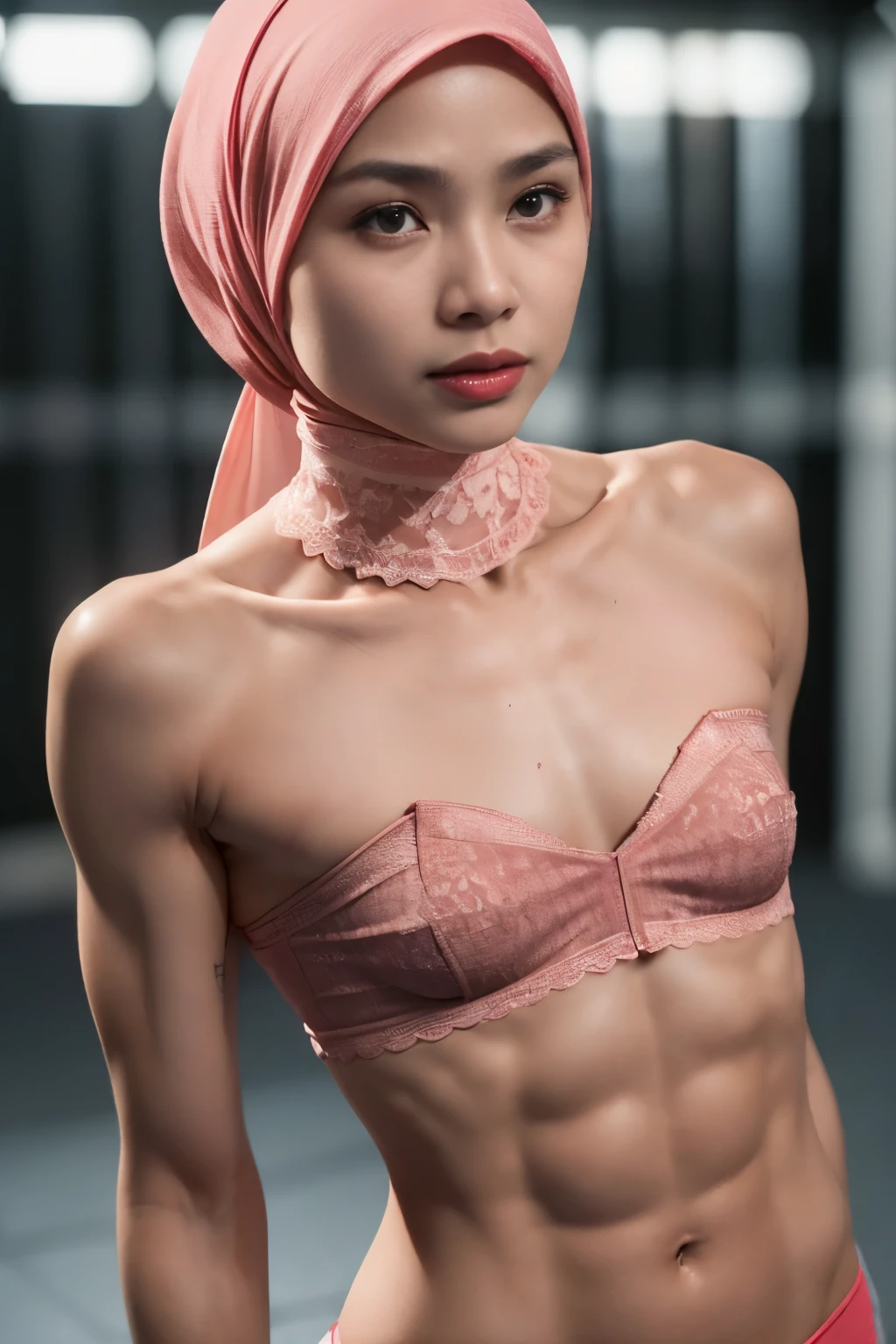 ((SHORT HIJAB)), ((Flat chest:1.7)), (dynamic photograph of a 58 year old Indonesian woman), (slim top, cotton panties), (straight non curly hair), (highly detailed face:1.4), (vascular muscles and abs:1.3), (background inside light, bright, private gym:1.1), (8k, uhd, dslr, high quality, cinematic lighting, bokeh), (dramatic, award winning photography, incredible masterpiece:1.3), (((sexy sultry stare at camera:0.8))), close up, ((she is ready to dominate you:0.5)), ((beautiful feminine face)) (she is a champion MMA fighter), add_detail:1, ((Wearing strapless pastel)) lace red , from behind view, seductive pose, straddling