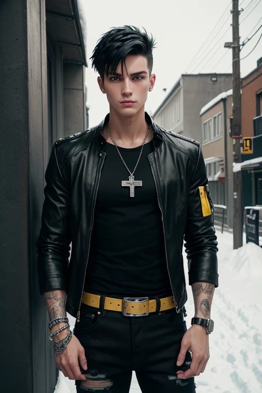Brent Corrigan 20-year-old boy with open black jacket, blue t-shirt with snow print, short black hair, punk style, yellow locks, black jeans, green eyes, black leather belt, silver buckle, slim muscular complexion, cross medallion, silver bracelet, looking straight at the viewer