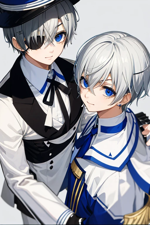 2boys, ciel, {Solo},[[[[[White background]]]]],Face Focus, [[[[[[[[Wolfhair]]]]]]]],short-hair,[[[[[Simple background]]]]]、[[[Standing Picture]]],top-quality, A detailed face,Casket,Black hat,Uniforms, jaket, white shirt, neck tie,High school students、White hair, bangss, side locks, Red eyes, smile、confident facial expression, 