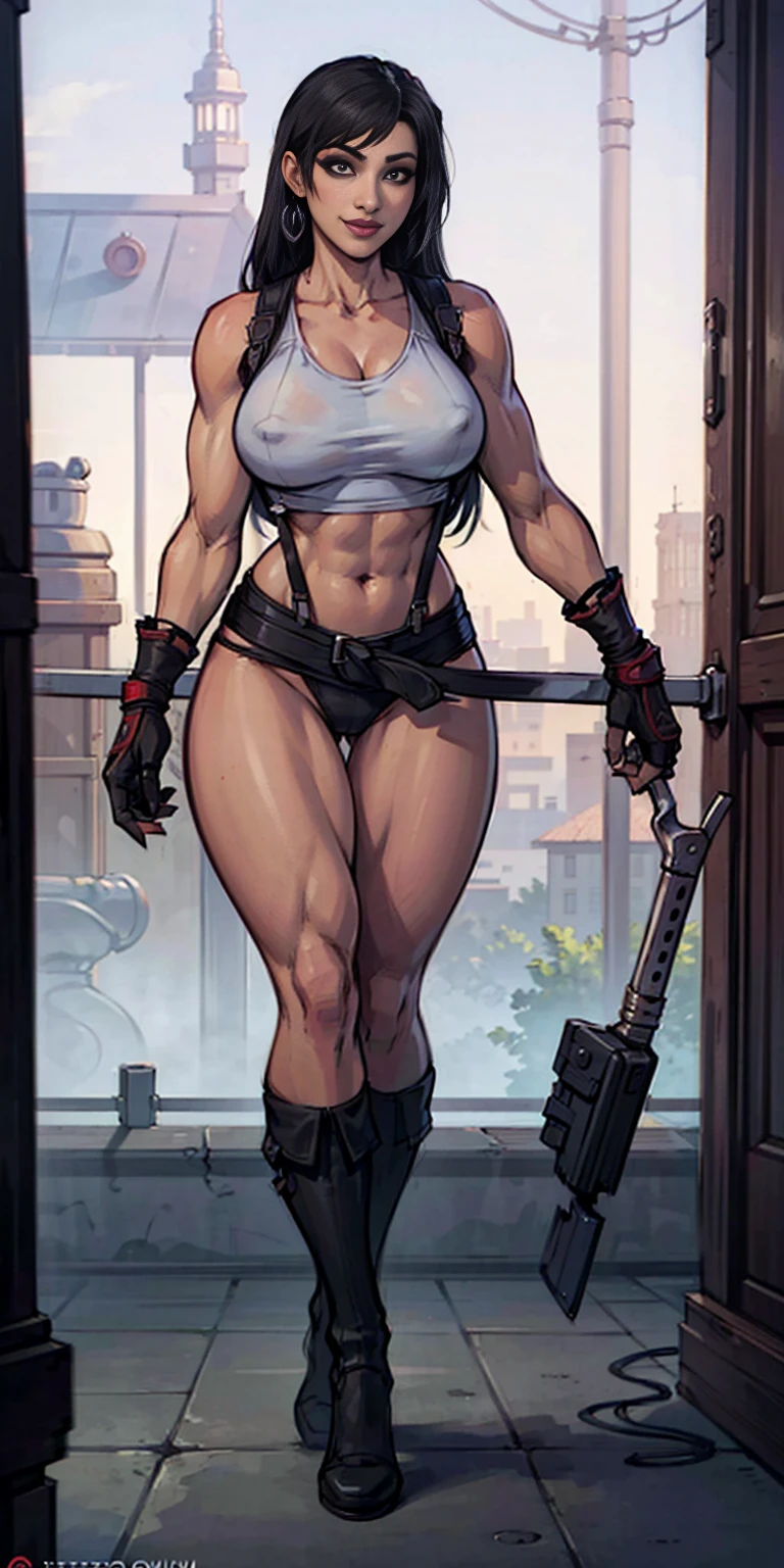 (8k, best quality, masterpiece:1.2) (realistic, photo-realistic:1.37) (full body) 1female solo girl, standing, legs apart (wide stance) standing contrapposto, ultra-detailed, cute (Tifa Lockhart) (large breasts:1.5) (beautiful detailed eyes) (smile:1.2) (closed mouth) sharp focus, depth of field, good composition, Final Fantasy VII, very long straight hair, hair bang ((red_eyes)), intricate, bokeh (Tetsuya Nomura style) perfect breasts, white tank top, black thong, suspenders, gloves, stockings, toned body, athletic, wide hips, thin waist, toned arms, exposed abdomen, view from behind