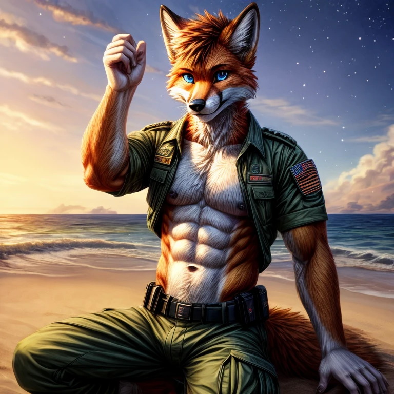 Masterpieces, furry, male, Anthropomorphic, red fox, blue eyes, black mark, veiny, thin body, age 20, Delicate eyes, furred body, war veteran, on a beach, perfect lighting, light particles,(best quality),(masterpiece),(ultra detailed), sharp focus, light particles, detailed barren background, green military pants, shirtless, fierce look, soldier look, full body, six pack abs