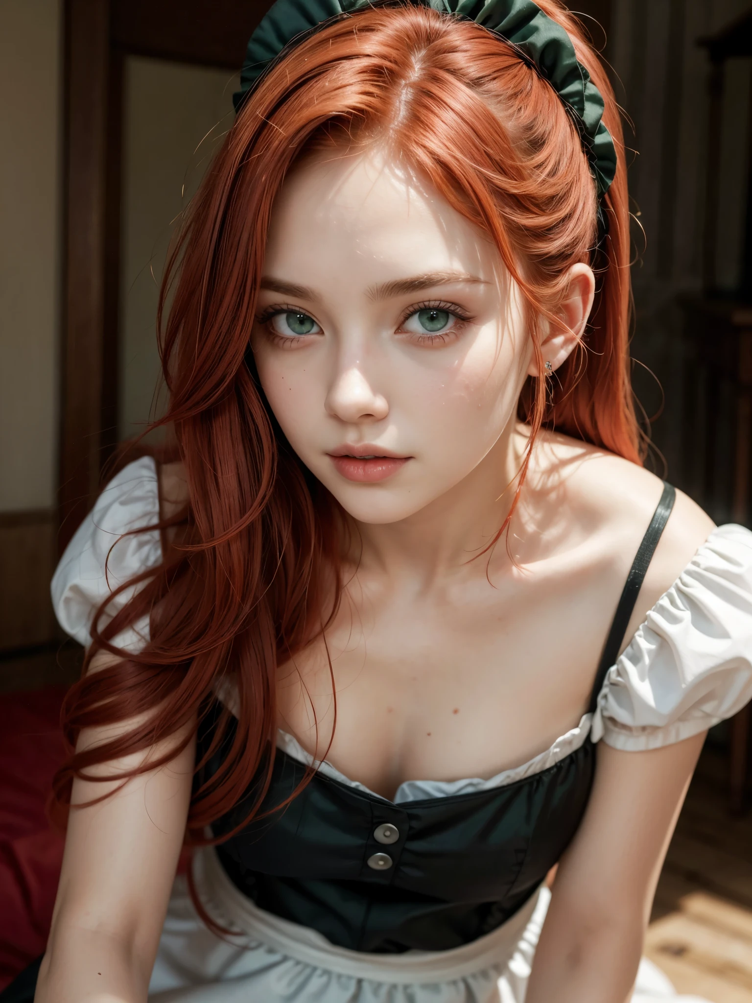 Hot girl, red hair, green eyes, maid