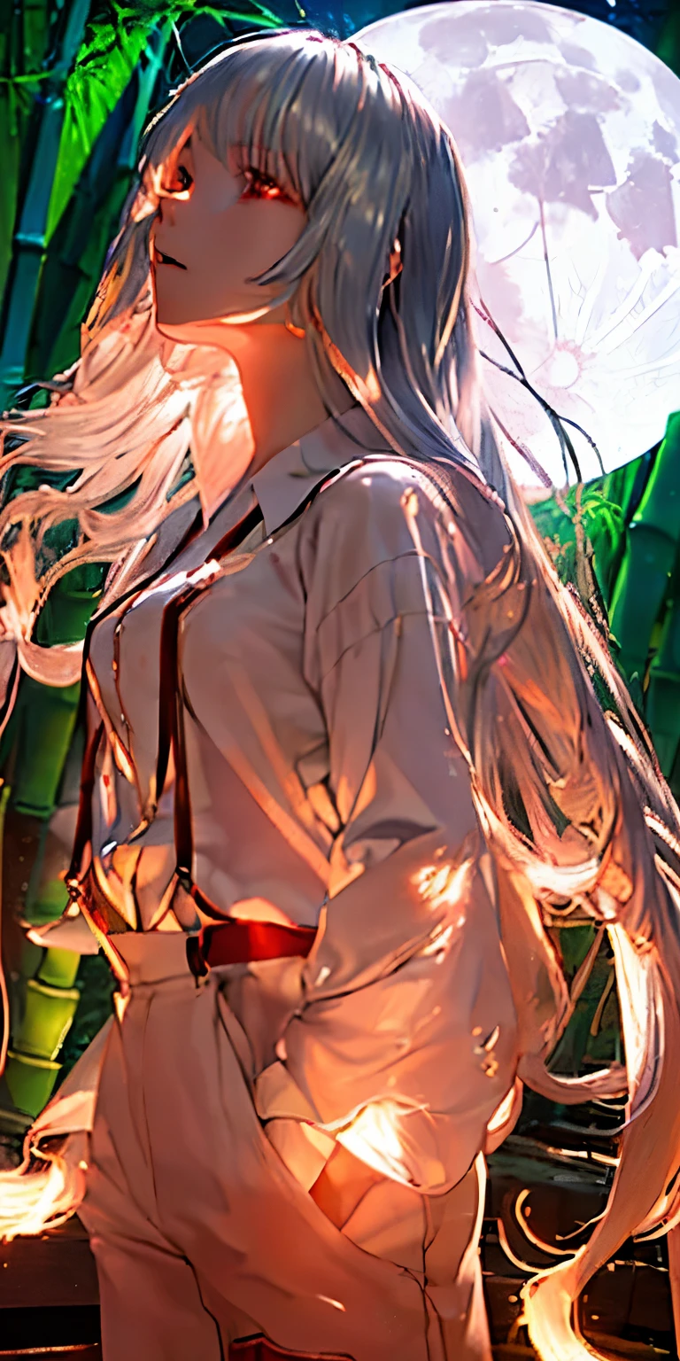 (masterpiece, best quality:1.3), (ultra detailed:1.3), (upper body:1.3), Fujiwara no Mokou, Touhou Series, perfect face, expressive eyes, 1 girl, looking at viewer, 16 years old, beautiful, anime, lora, (silver hair, long hair, white shirt, red pants:1.3), (look evil:1.5), (cinematic lighting, realistic, dream-like, enchanting atmosphere:1.5), (an old japanese mansion with moonlight leaking, in bamboo forest, midnight, big full moon:1.3), 