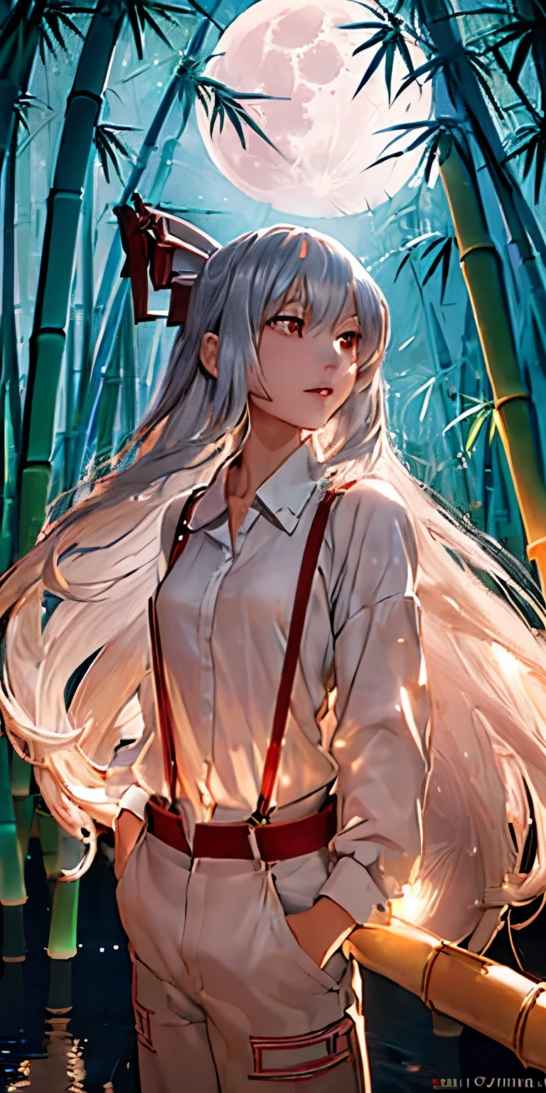 (masterpiece, best quality:1.3), (ultra detailed:1.3), (upper body:1.3), Fujiwara no Mokou, Touhou Series, perfect face, expressive eyes, 1 girl, looking at viewer, ************, beautiful, anime, lora, (silver hair, long hair, white shirt, red pants:1.3), (look evil:1.5), (cinematic lighting, realistic, dream-like, enchanting atmosphere:1.5), (an old japanese mansion with moonlight leaking, in bamboo forest, midnight, big full moon:1.3), 