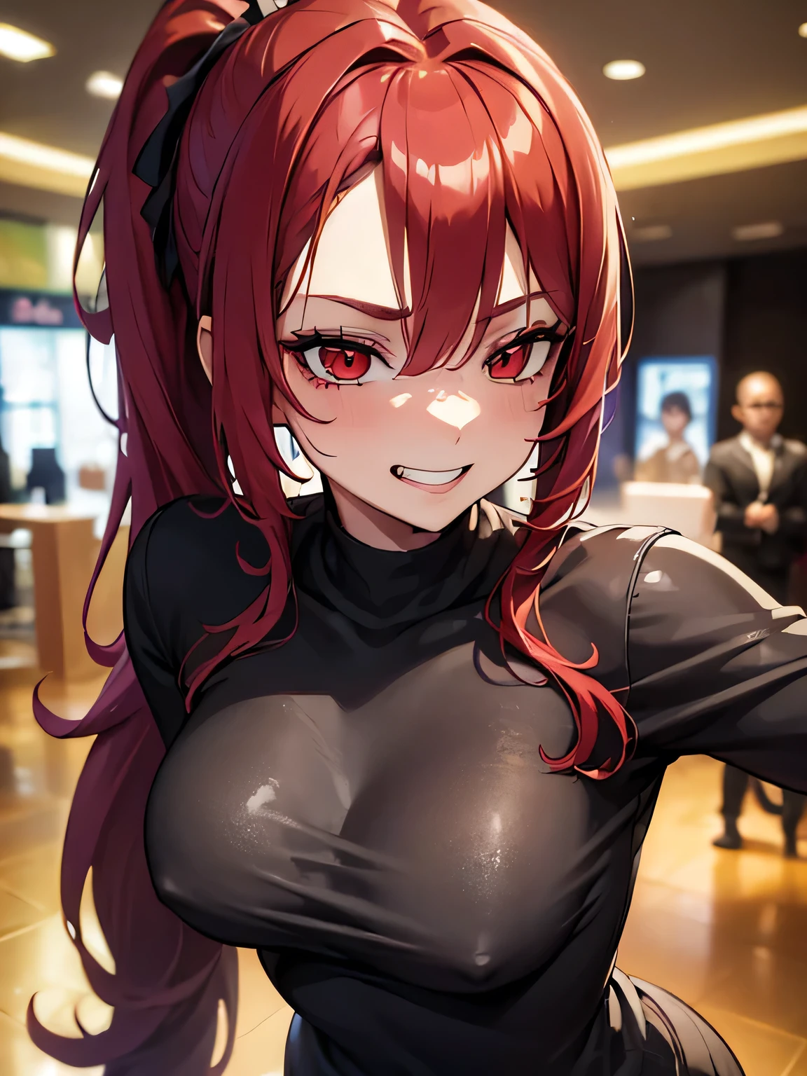 (masterpiece, best quality:1.4), 8k, Black Long ponytail Hair Mature medium chest Smirking teasing laughing Happy Loud Outgoing Goth anime girl with Red hair Highlights and Red Eyes in the Mall wearing a sweater (detailed eyes and face, sharp pupils, realistic pupils:0.6)