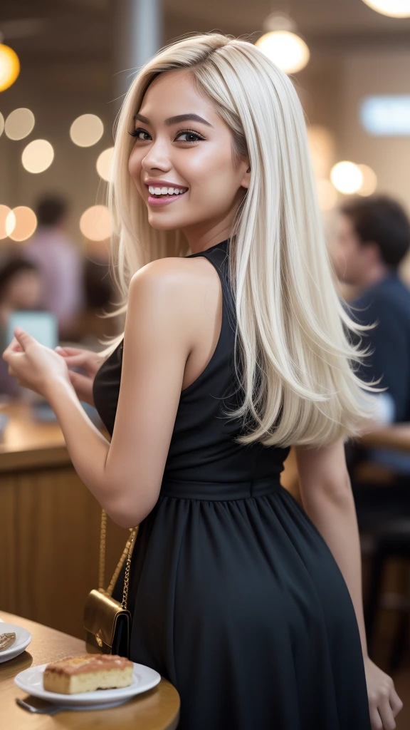 Malay girl, very long white hair,wear black Mini peplum Dress , laughing and posing with hand on head, touching her own hair, wear gold handbag, from back view, windy, detail skin, age spot, detail skin texture, mole below eyes, small breast, flat chest, wide hips, small waists, thick thighs, slim abs, beautiful  body, nighttime, laughing, happy, cool ambient, crowded cafe, blur background, bokeh, cinematic lighting, Super 8mm lense, Extreme close-up, deep focus cinematography effect, Natural Lighting, pastel color grading, high quality, ultra detail, 8k resolution