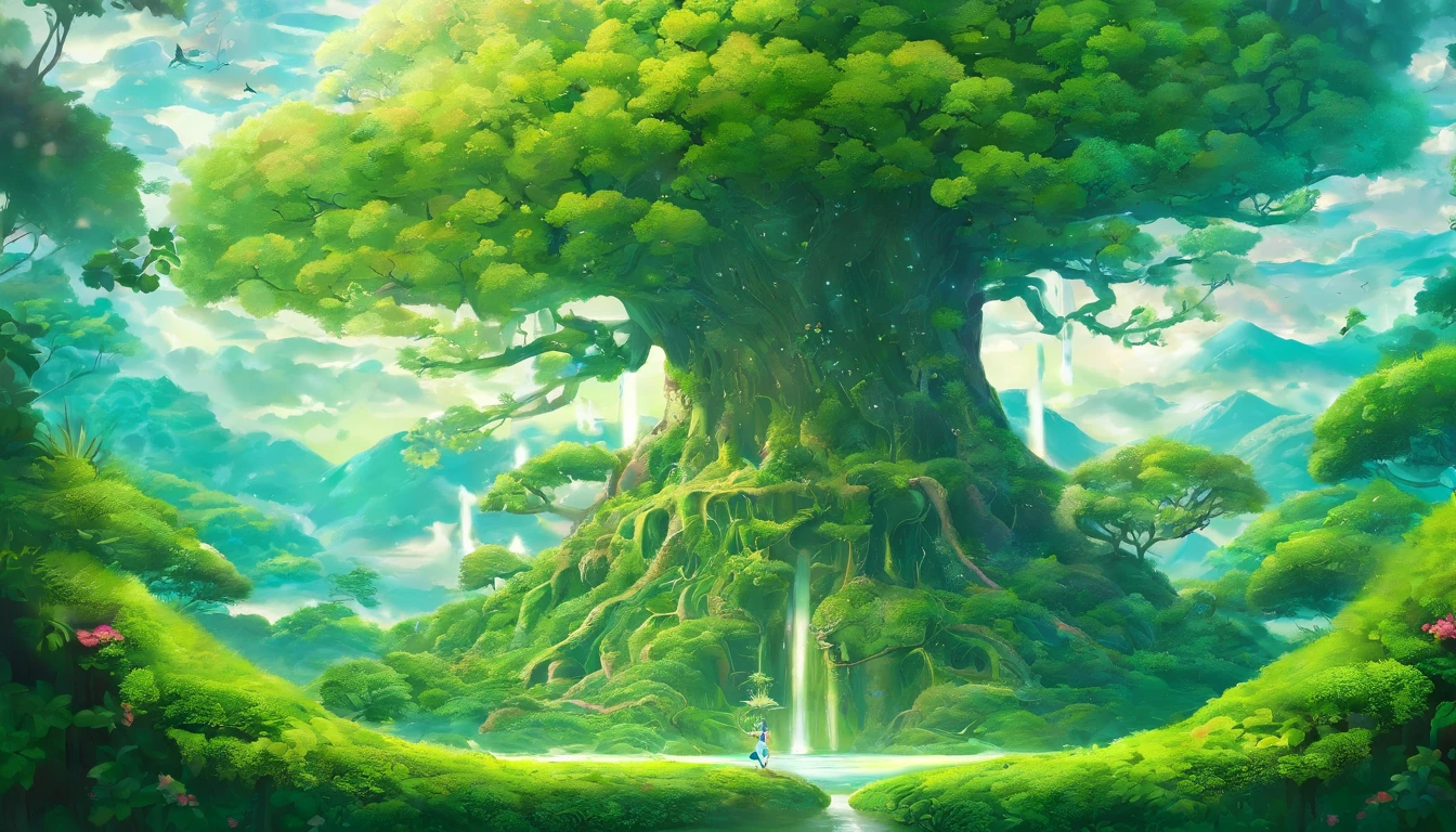 Um surrealista、Sobrenatural、Ilustra??o de cena do super c?u,A huge crystal tree、very detailed and magical lighting、detalhes intrincados da floresta、Surrounding vegetation and rivers、solar punk、scenario、giant tree、Folhas verdes bonitas、beautiful lighting and realistic proportions,Como se fosse um pano de fundo de filme,8k,Maiorqualidade,obra-prima,clouds and stars in the sky, arvore cristalina