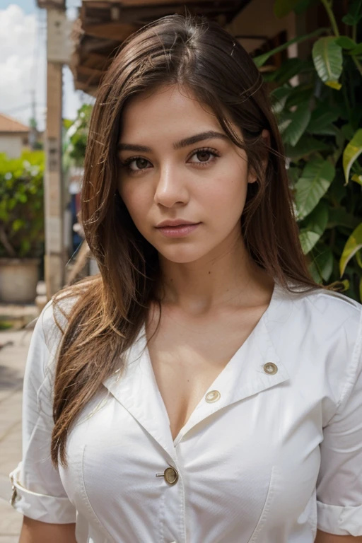 Chica joven, piel blanca, hermosa, cabello largo, peinado coleta de caballo, delgada, rostro de rasgos finos, campera de cuero