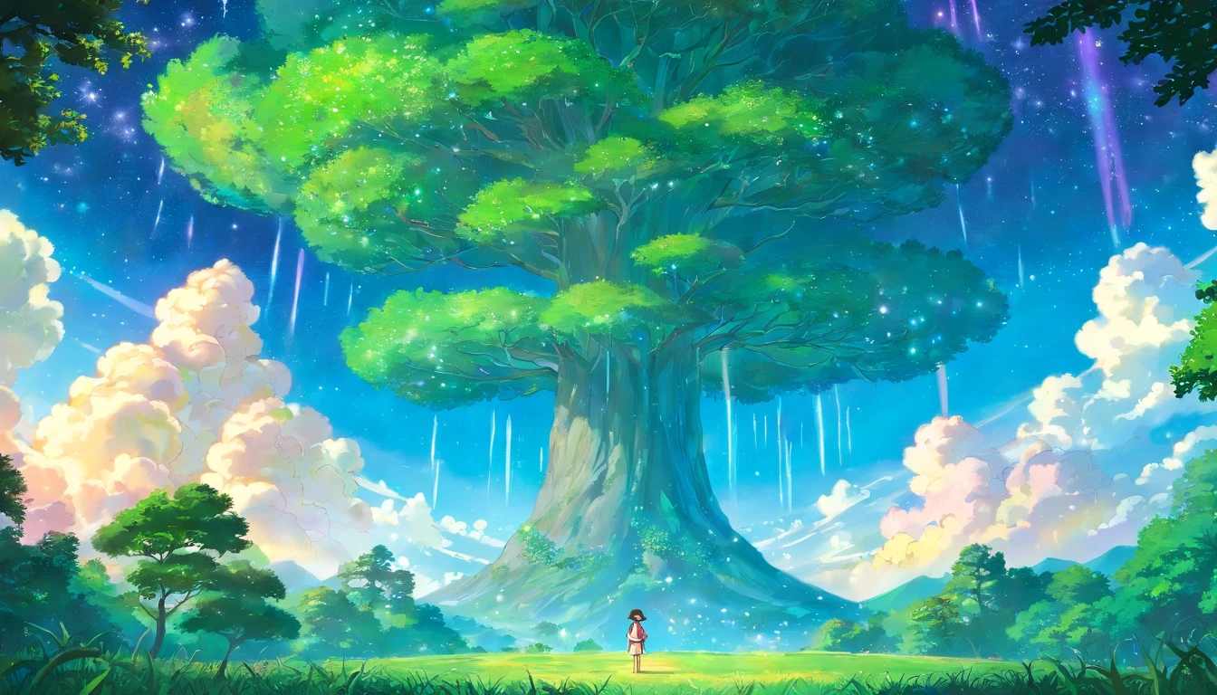 Um surrealista、Sobrenatural、Ilustra??o de cena do super c?u,A huge crystal tree、very detailed and magical lighting、detalhes intrincados da floresta、Surrounding vegetation and rivers、solar punk、scenario、giant tree、Folhas verdes bonitas、beautiful lighting and realistic proportions,Como se fosse um pano de fundo de filme,8k,Maiorqualidade,obra-prima,clouds and stars in the sky, arvore cristalina