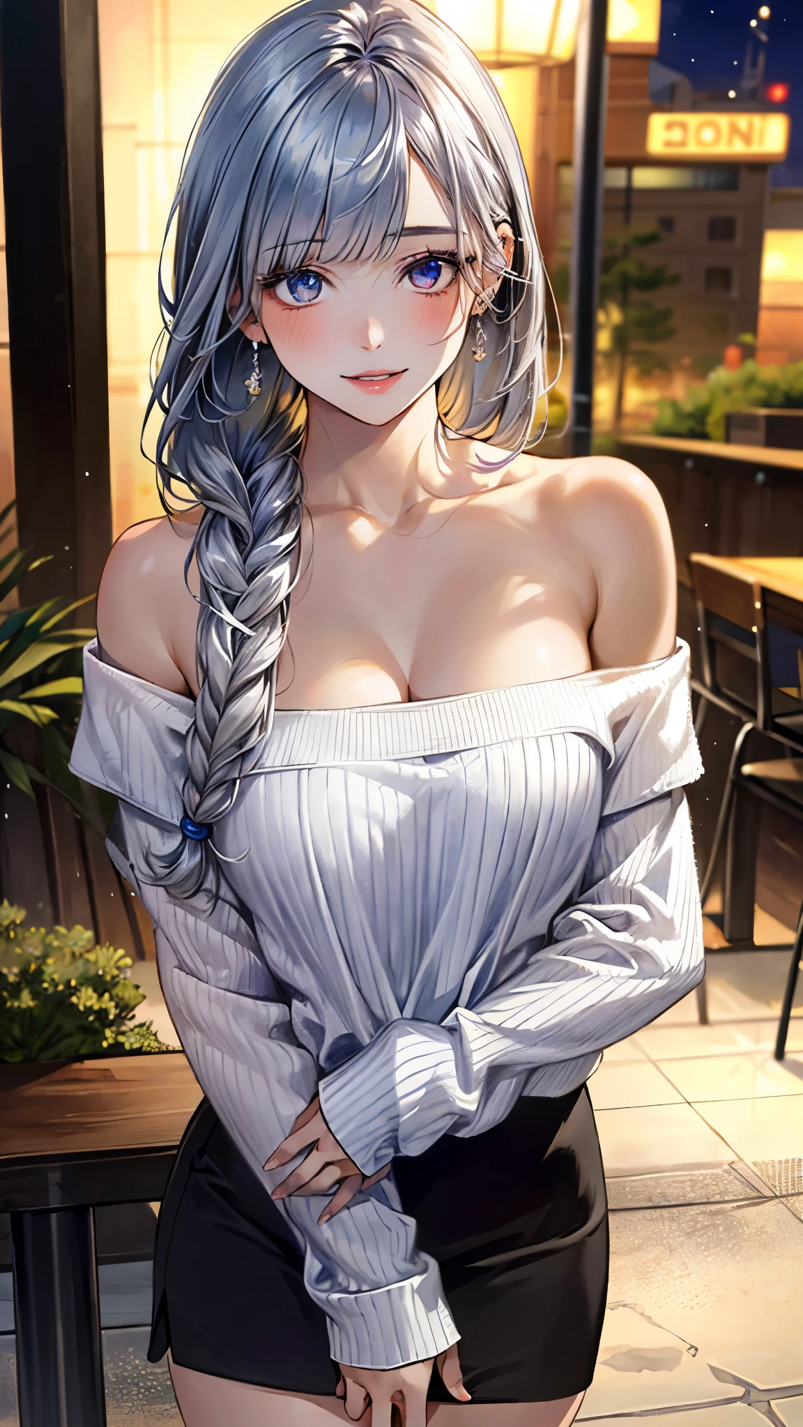 (masterpiece:1.3, top-quality, ultra high res, ultra detailed), (realistic, photorealistic:1.4), beautiful illustration, perfect lighting, natural lighting, colorful, depth of fields, surrealism,
beautiful detailed hair, beautiful detailed face, beautiful detailed eyes, beautiful clavicle, beautiful body, beautiful chest, beautiful thigh, beautiful legs, beautiful fingers, shiny skin,
looking at viewer, 1 girl, japanese, office lady, 19 years old, (perfect anatomy, anatomically correct, super detailed skin), cute and symmetrical face, face, perfect face, perfect eyes,
(long hair:1.8, straight hair, silver hair), blunt bangs, twin braided bangs, blue eyes, drooping eyes, long eye lasher, (medium breasts, seductive thighs), slender,
((long sleeve cold-shoulder white sweater), light purple tight skirt),
(beautiful scenery), summer, night, (cocktail bar, counter, drinking cocktail), (lovely smile, upper eyes, parted lips),