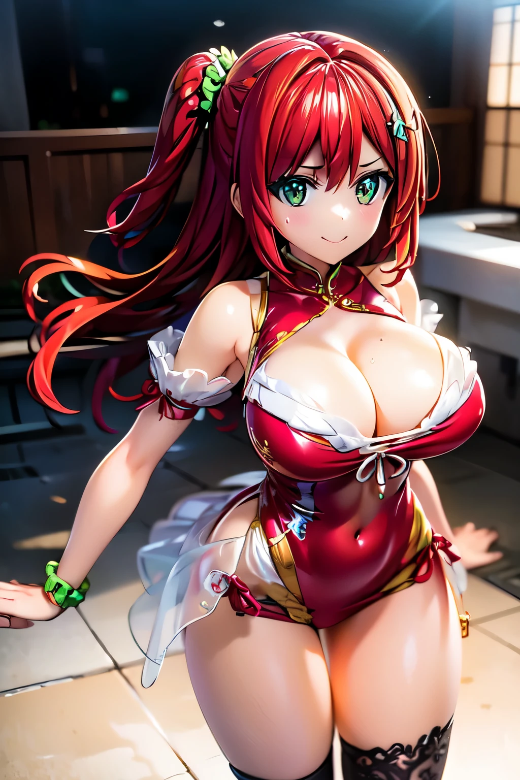 best quality, masterpiece, extremely detailed CG, official art , professional lighting, sakimiyairuka, (one side up), green scrunchie, hair ornament, red hair, green eyes, perfect face, shiny skin, smile,(cheongsam), standing