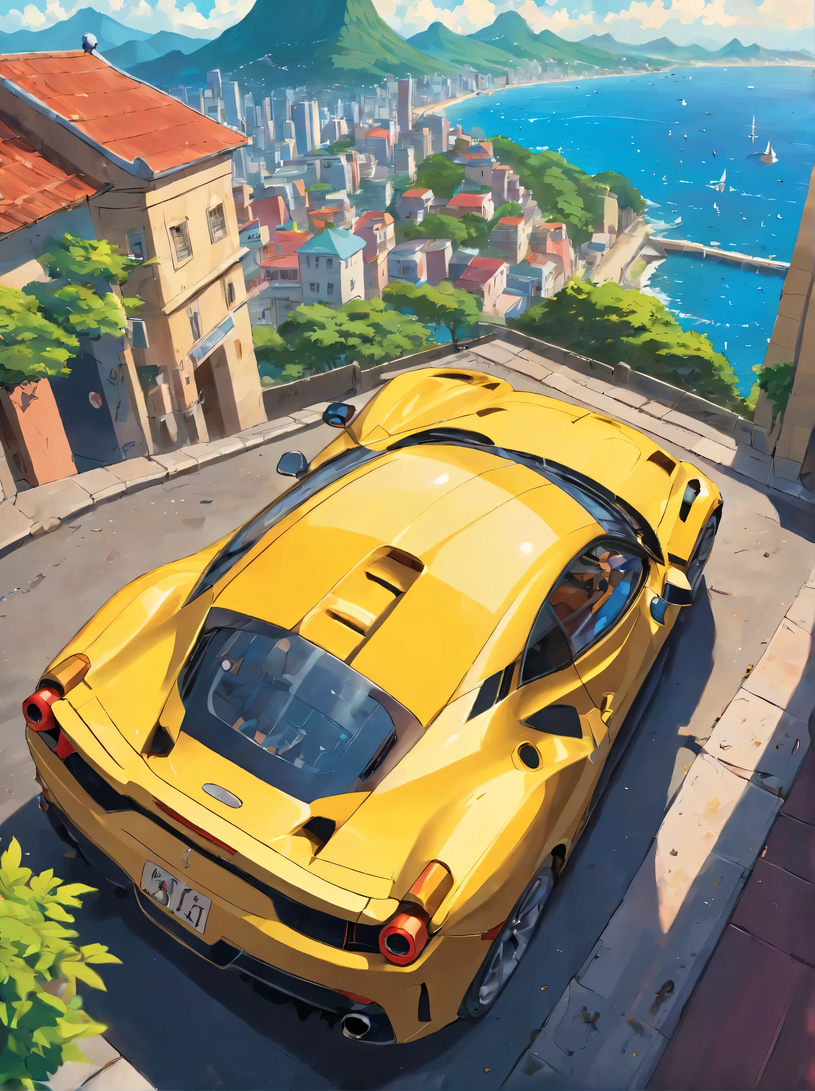 (best quality, 8k, master part :1.2), hyper realistic, cidade do Rio de Janeiro, Brasil, em uma montanha, uma Ferrari 488 amarela detalhada, Cristo Redentor ao fundo, um de costa em roupas de esporte olhando para a paisagem