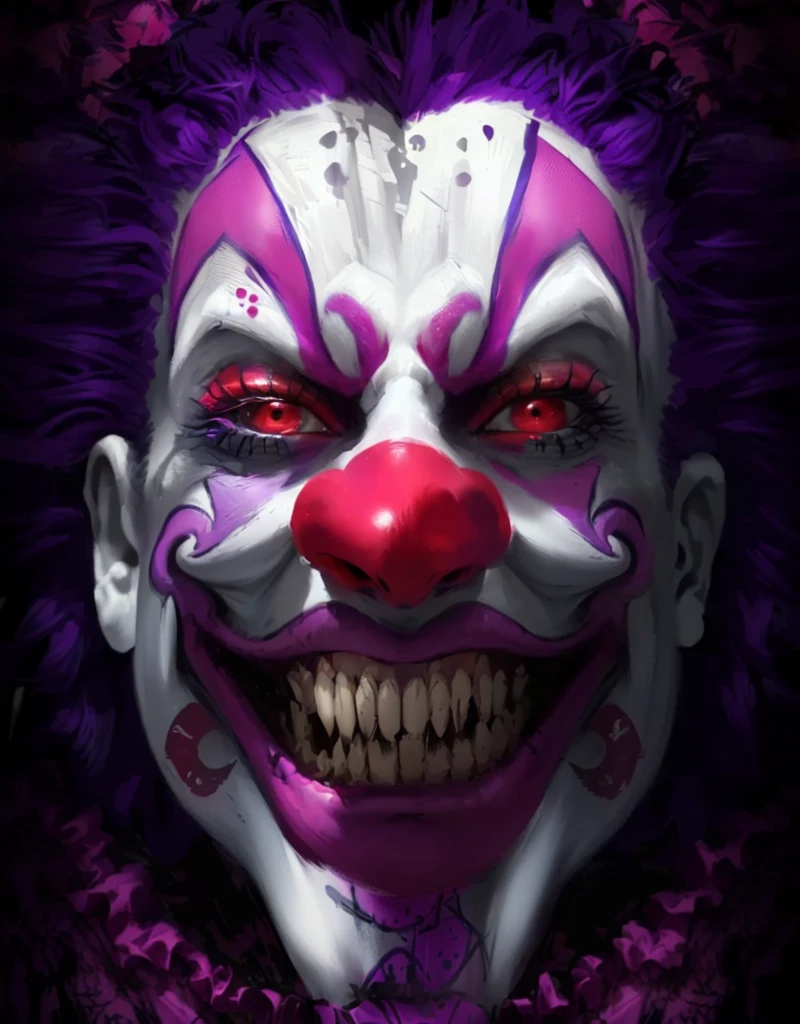a close up of a clown's face with a purple background, scary clown, skull clown, portrait death clown, clown face, grotesque clown, clown makeup, portrait skull clown, real clown makeup, dead clown, ( ( ( Horror art ) ) ), cutecore clowncore, intricate clown makeup, Sinister appearance, clown, horrible smile. Horror