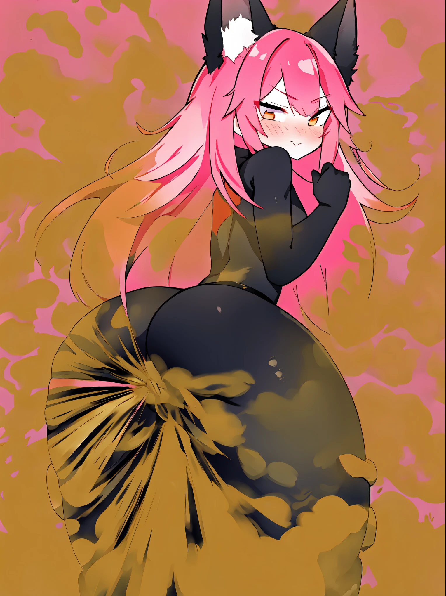 Cute red fox girl farting(HUD’s two-dimensional face),wearing a black bodysuit,farting(pink smoke),hold ass,normal