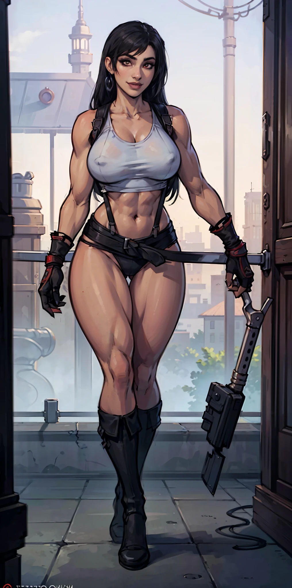 (8k, best quality, masterpiece:1.2) (realistic, photo-realistic:1.37) (full body) 1female solo girl, standing, legs apart (wide stance) standing contrapposto, ultra-detailed, cute (Tifa Lockhart) (large breasts:1.5) (beautiful detailed eyes) (smile:1.2) (closed mouth) sharp focus, depth of field, good composition, Final Fantasy VII, very long straight hair, hair bang ((red_eyes)), intricate, bokeh (Tetsuya Nomura style) perfect breasts, white tank top, black thong, suspenders, gloves, stockings, toned body, athletic, wide hips, thin waist, toned arms, exposed abdomen, view from behind