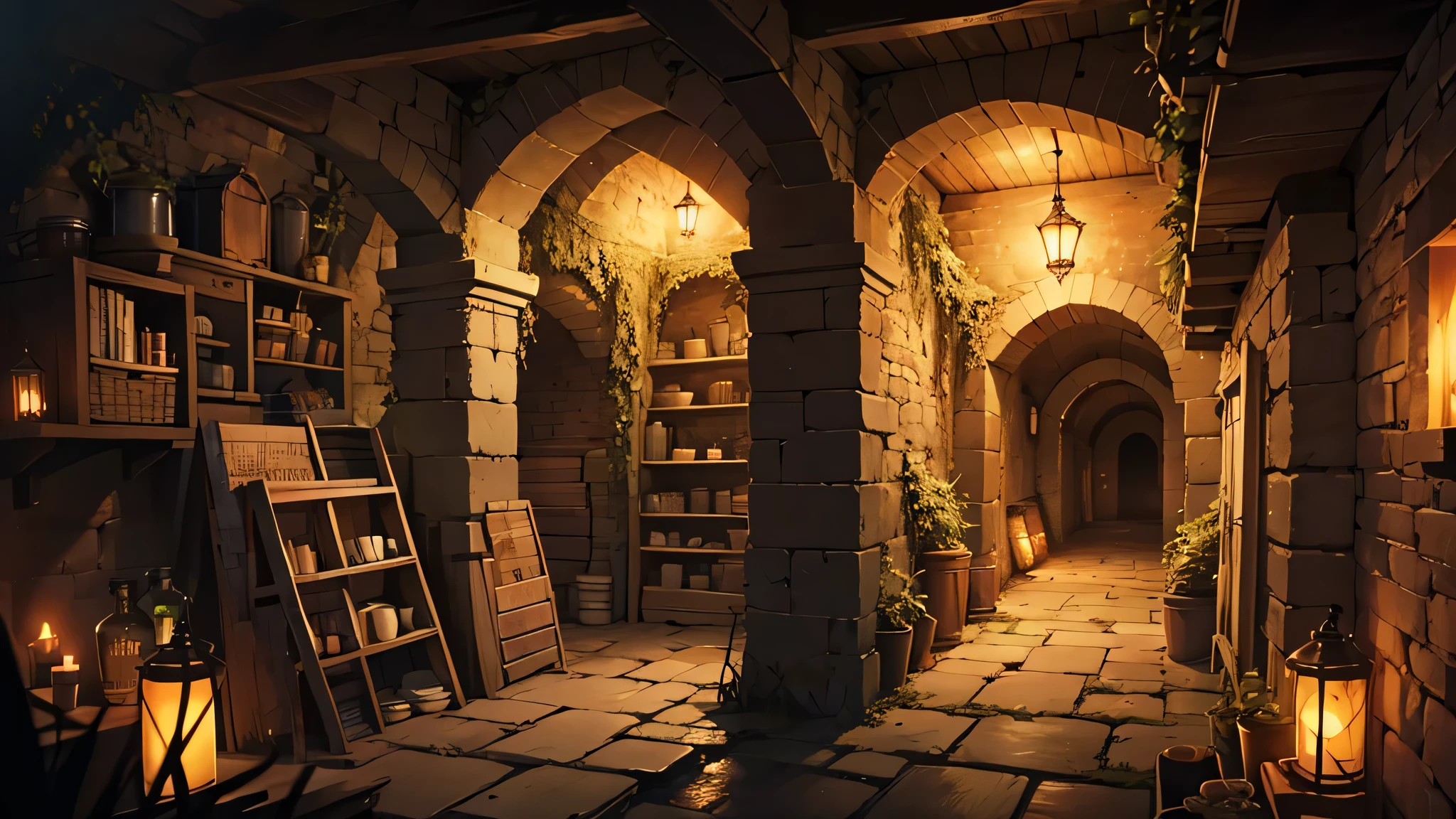 4k high quality, landscape, dark damp underground cellar, spooky, crates, jars, cobwebs