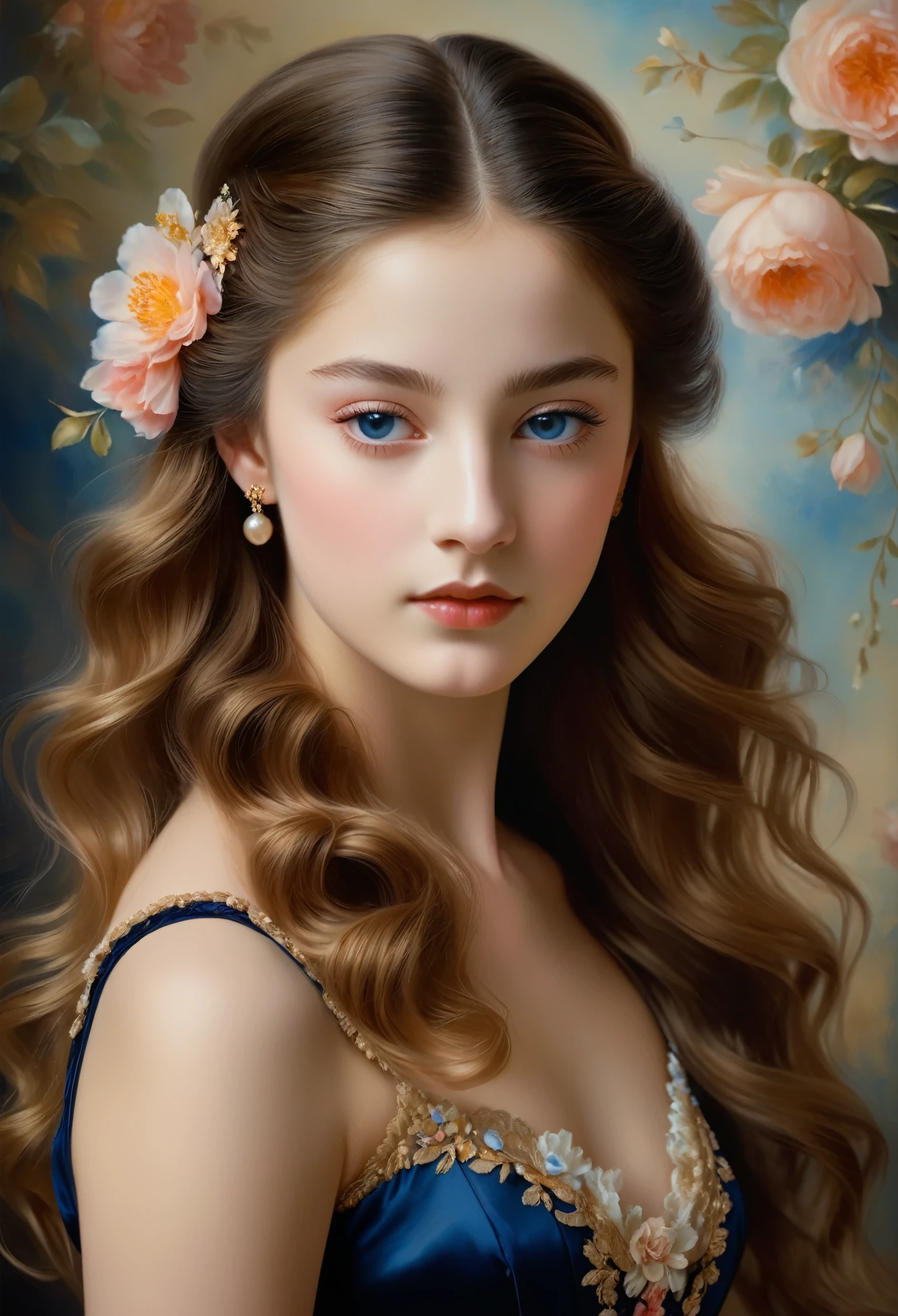 (highres,masterpiece:1.2),(realistic:1.37)"(best quality, highres, ultra-detailed, realistic),beautiful 19th-century portrait of a **-****-*** French ballet dancer, (She is half French and half Japanese, and is a stunning beauty with dark blue eyes and a high nose:1.1), elaborate ballet costume, detailed facial features, long graceful neck, flowing locks of hair, poised and elegant posture, soft and delicate lighting, classic oil painting medium, vibrant colors, subtle background with floral motifs", dreamy atmosphere, Surrealism,mystical aura