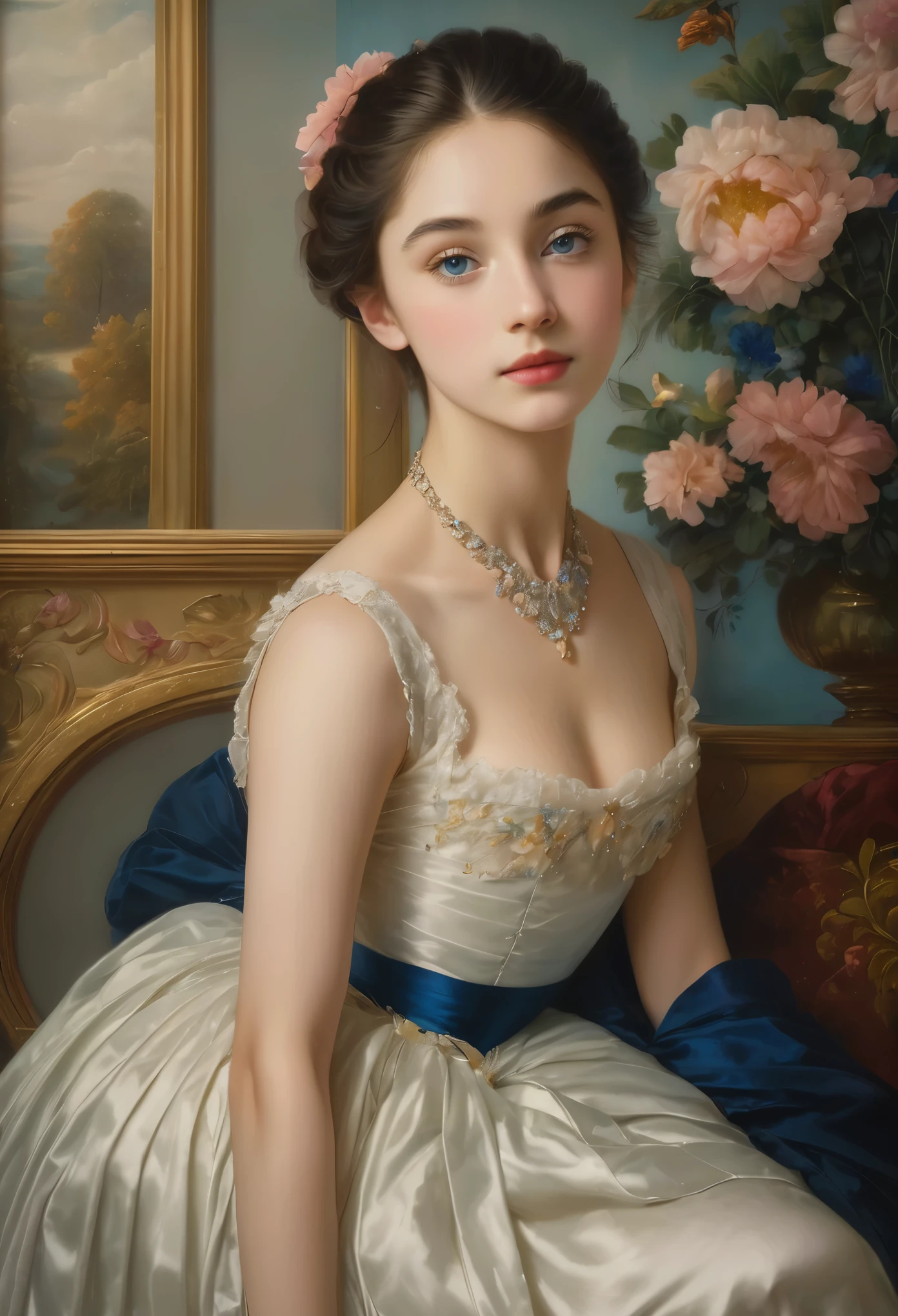 (highres,masterpiece:1.2),(realistic:1.37)"(best quality, highres, ultra-detailed, realistic),beautiful 19th-century portrait of a 16-year-old French ballet dancer, (She is half French and half Japanese, and is a stunning beauty with dark blue eyes and a high nose:1.1), elaborate ballet costume, detailed facial features, long graceful neck, flowing locks of hair, poised and elegant posture, soft and delicate lighting, classic oil painting medium, vibrant colors, subtle background with floral motifs", dreamy atmosphere, Surrealism,mystical aura