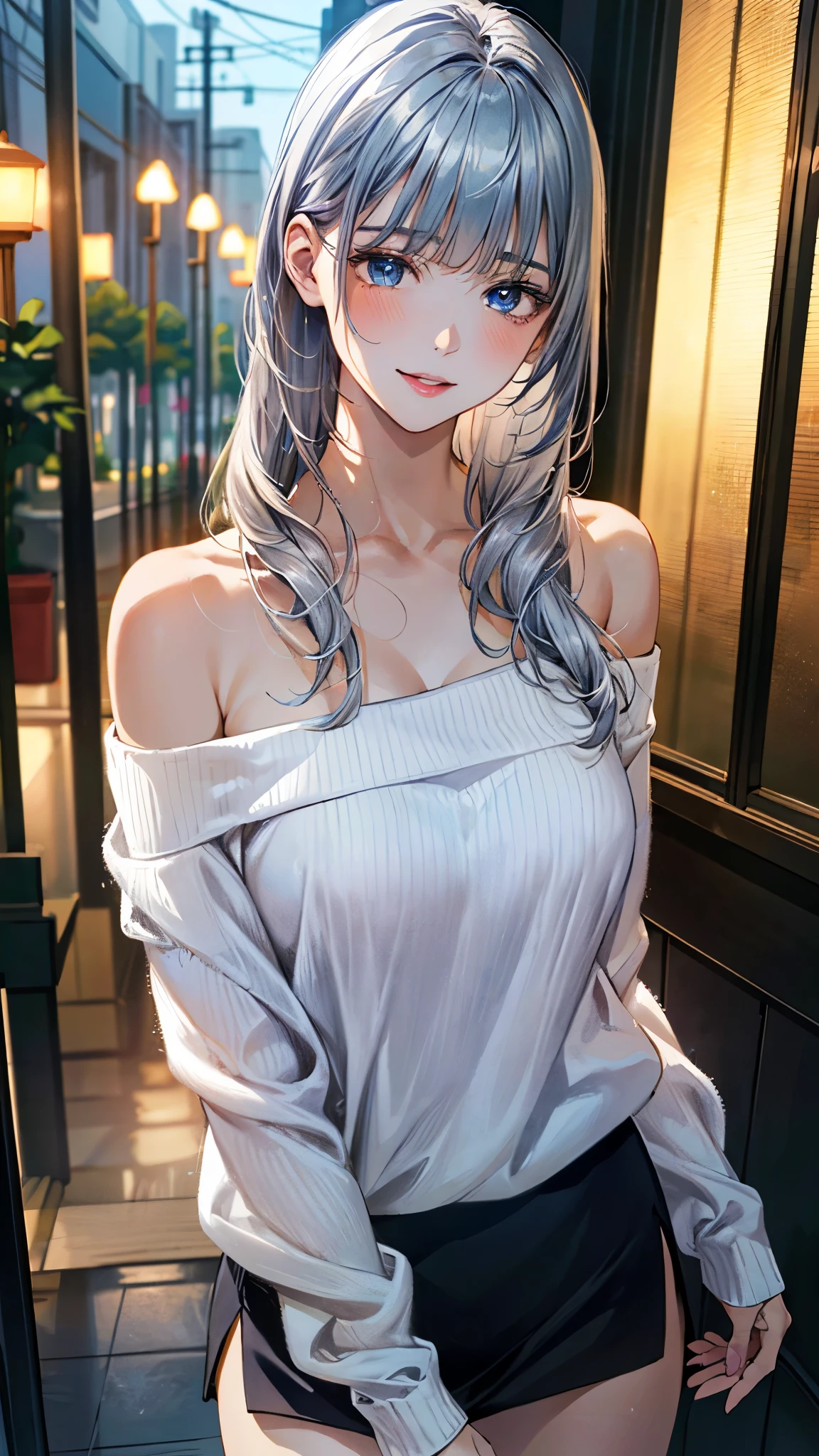 (masterpiece:1.3, top-quality, ultra high res, ultra detailed), (realistic, photorealistic:1.4), beautiful illustration, perfect lighting, natural lighting, colorful, depth of fields, surrealism,
beautiful detailed hair, beautiful detailed face, beautiful detailed eyes, beautiful clavicle, beautiful body, beautiful chest, beautiful thigh, beautiful legs, beautiful fingers, shiny skin,
looking at viewer, 1 girl, japanese, office lady, 19 years old, (perfect anatomy, anatomically correct, super detailed skin), cute and symmetrical face, babyface, perfect face, perfect eyes,
(long hair:1.8, straight hair, silver hair), blunt bangs, twin braided bangs, blue eyes, drooping eyes, long eye lasher, (medium breasts, seductive thighs), slender,
((long sleeve cold-shoulder white sweater), light purple tight skirt),
(beautiful scenery), summer, night, (cocktail bar, counter, drinking cocktail), (lovely smile, upper eyes, parted lips),