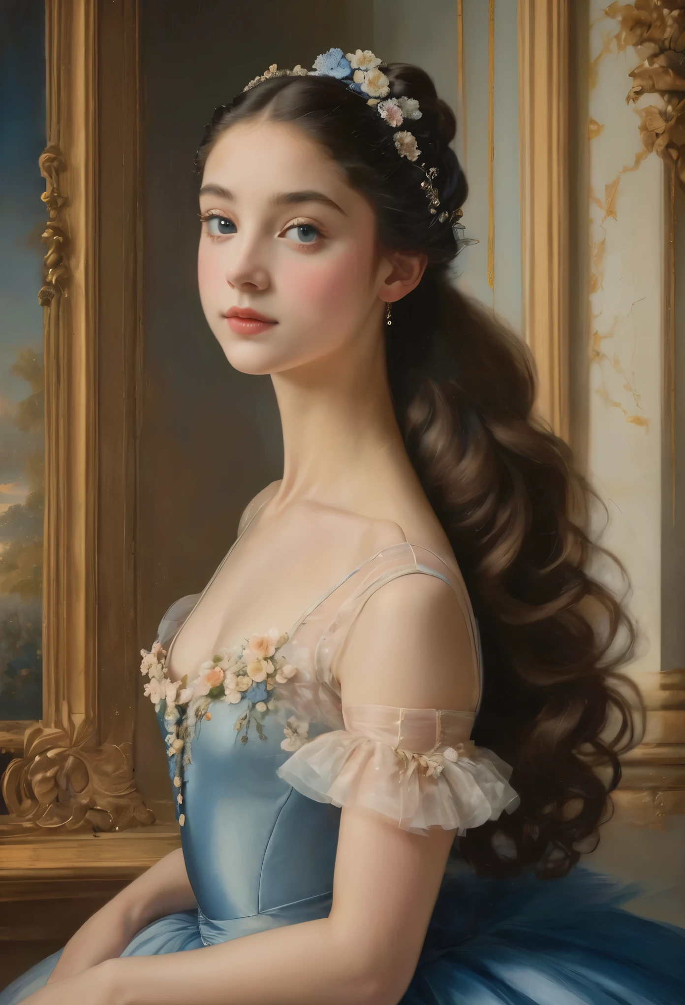 (highres,masterpiece:1.2),(realistic:1.37)"(best quality, highres, ultra-detailed, realistic),beautiful 19th-century portrait of a 16-year-old French ballet dancer, (She is half French and half Japanese, and is a stunning beauty with dark blue eyes and a high nose:1.1), elaborate ballet costume, detailed facial features, long graceful neck, flowing locks of hair, poised and elegant posture, soft and delicate lighting, classic oil painting medium, vibrant colors, subtle background with floral motifs", dreamy atmosphere, Surrealism,mystical aura