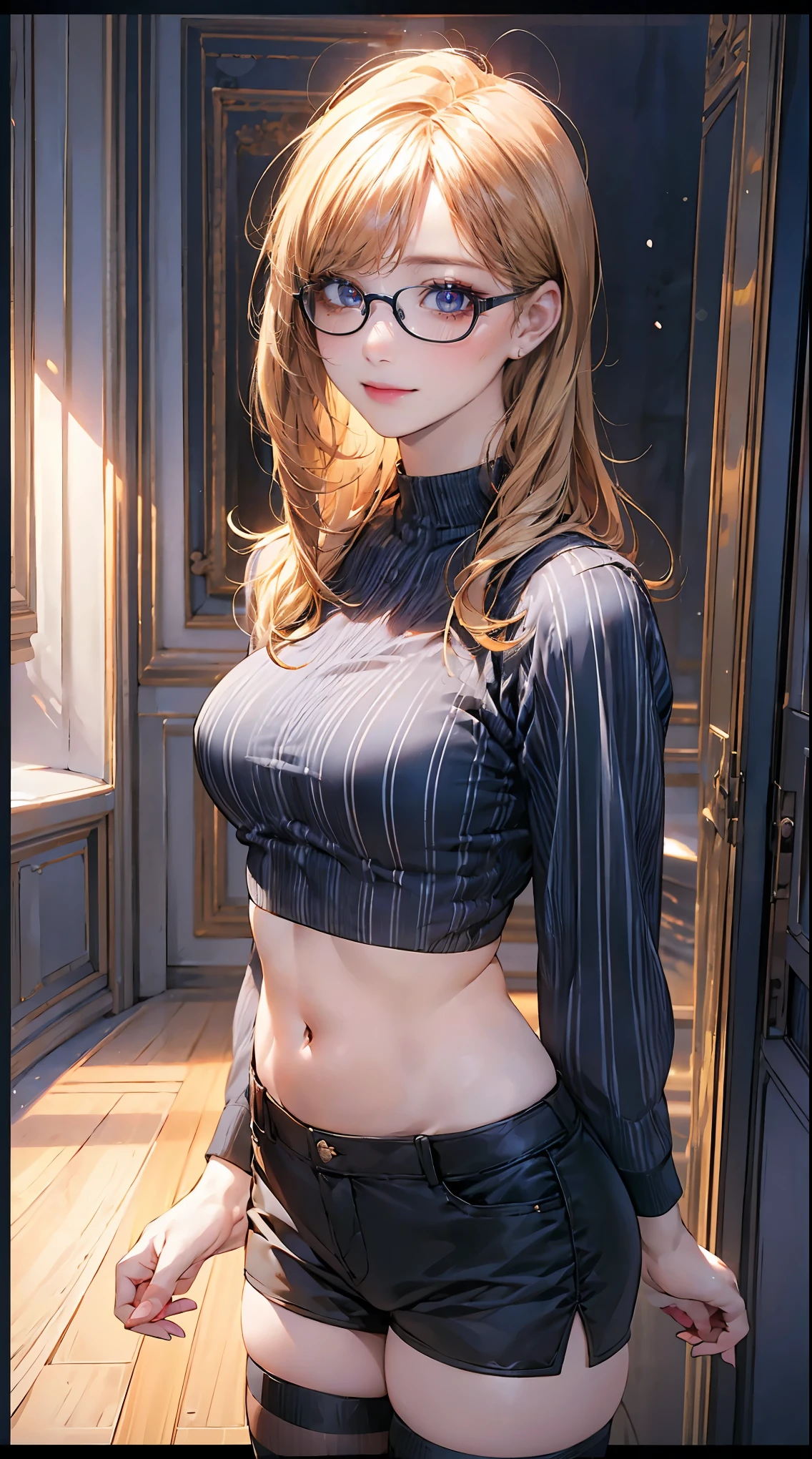 (masterpiece:1.2, highest quality), (realistic, photorealistic:1.4), beautiful illustrations, (natural side lighting, movie lighting), looking at the viewer, Upper body, (Front view), 1 girl, perfect face, Cute symmetrical face, shiny skin, baby face, long eyelashes, (large breasts), (wide hips),beautiful hair, beautiful face, fine and beautiful eyes, beautiful body, beautiful breasts, beautiful thighs, beautiful feet, beautiful fingers,(beautiful scenery),(cute smile:1.2, upper grade),woman with a striped shirt, stockings and heels stands near room, and looks to the side, 1girl, solo, glasses, navel, round eyewear, shirt, over-kneehighs, striped, thighhighs, midriff, striped shirt, long hair, looking at viewer, blonde hair, black-framed eyewear, indoors, crop top, short shorts, long sleeves, shorts, black shorts, black thighhighs, standing, arm behind back