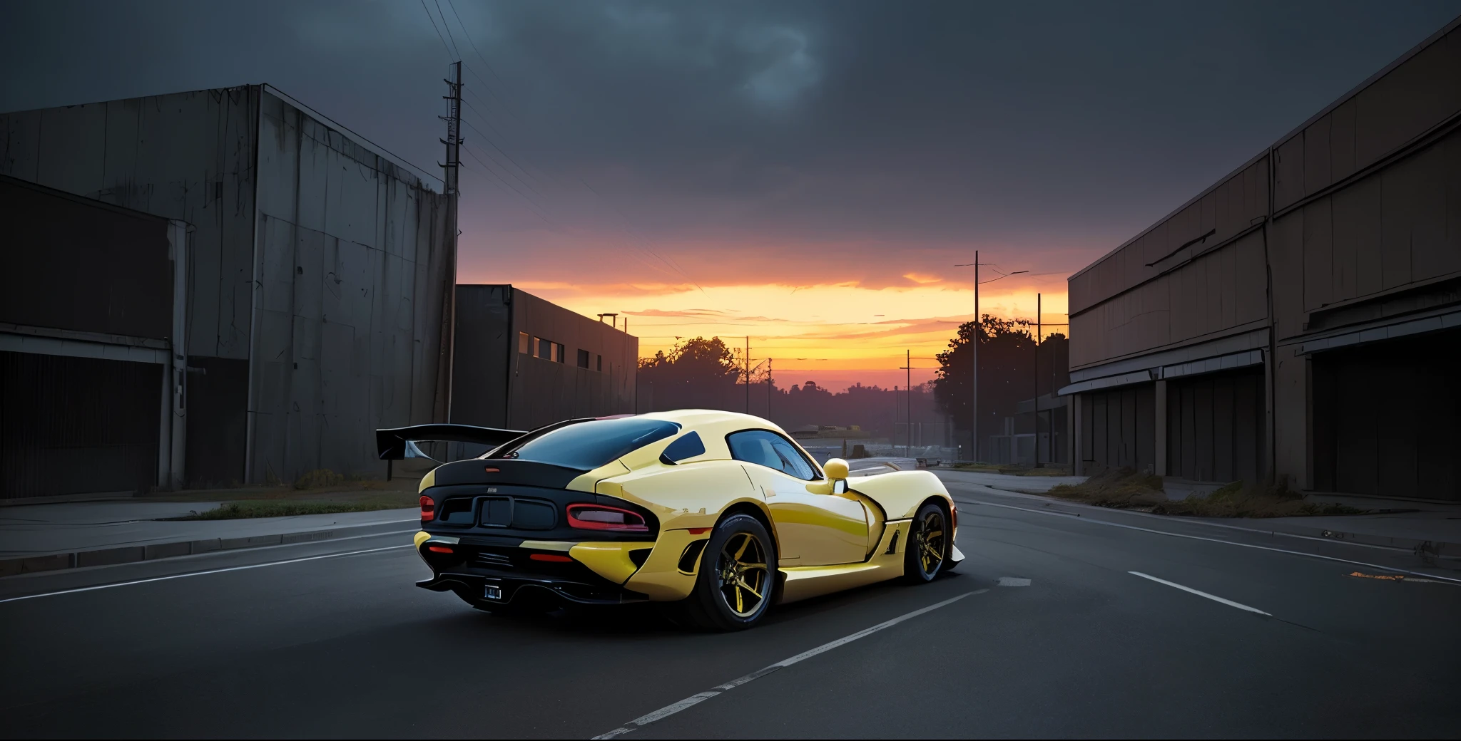 ((Dodge Viper GTS-R)), ((JonSibal design works Body Kit)), ((rear wing spoiler)), blacked out, ((bubblegum blue)), front bumper splitters, side skirts, flared wheel arches, (performance side exhaust) ((ominous looking)), (yellow racing alloy rims), ((lowered racing suspension)), high performance racing tyres, outdoor shot, post apocalyptic buildings((gloomy foggy evening)) Wide angle lens, Urban light night LUT, ensure perfect highlights, midtones and shadows, cgsociety, artstation, photorealistic, cinematic lighting, offset noise, Forza horizon 5 inspiration, ground shadows and reflections, 4k, inspired by dystopian cyberpunk, art by Hugo Silva designs, HDR studio light, {{supreme aerodynamics for maximum downforce}}, Capture One, 3ds max, corona renderer, perfectly coloured, jaw dropping, sensational, menacing look, ((headlights on, concrete backdrop)), 4k wallpaper, ((dusk scene)), sunset, high spec automotive concept art, reflective ground shadows, symmetrical design, CGI, moody and atmospheric, trending on artstation, behance contest winner, cgsociety, imaginative design and craftmanship, dark clouds with post apocalyptic style skies,